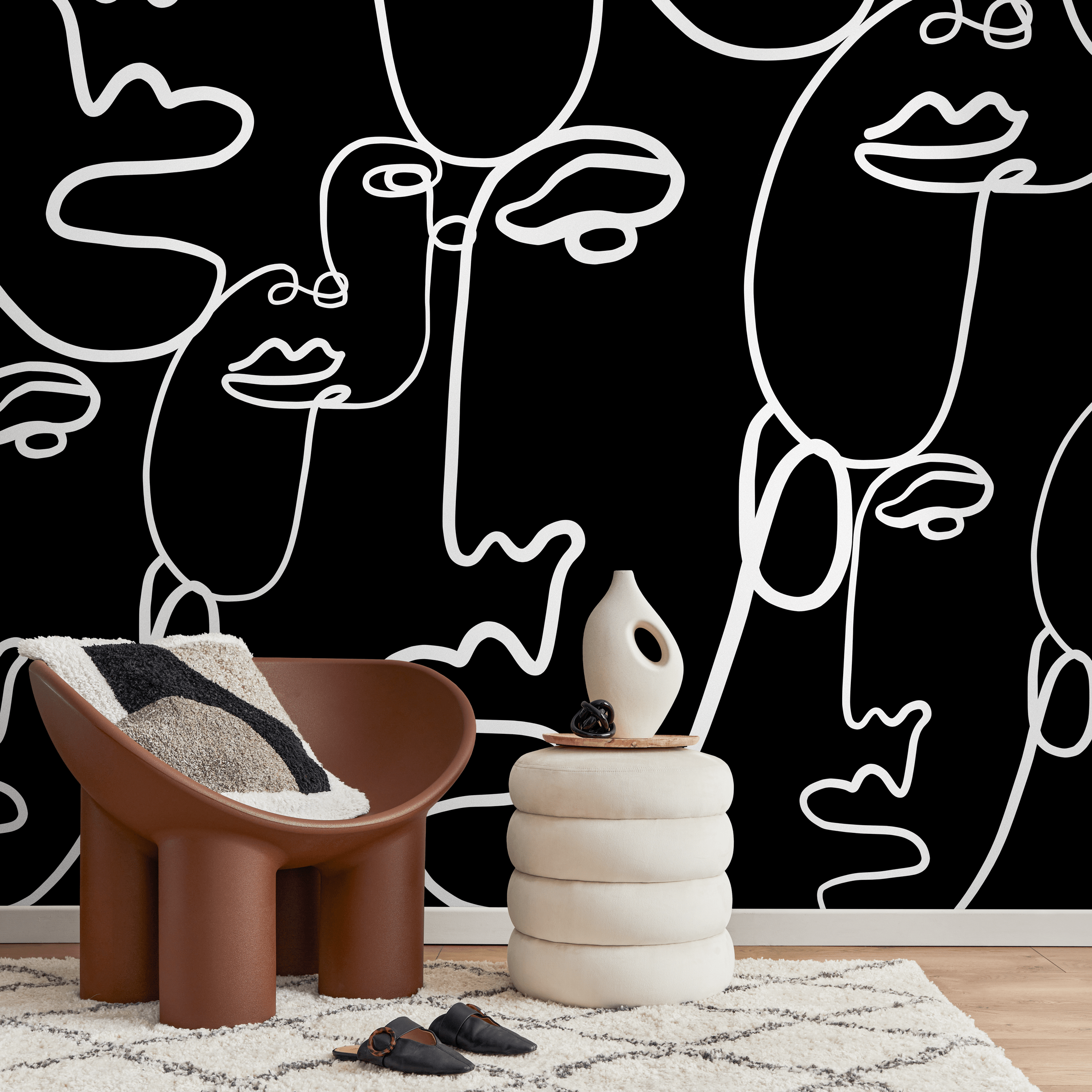Line Art Wallpaper Featuring Abstract Faces In Black And White - B610