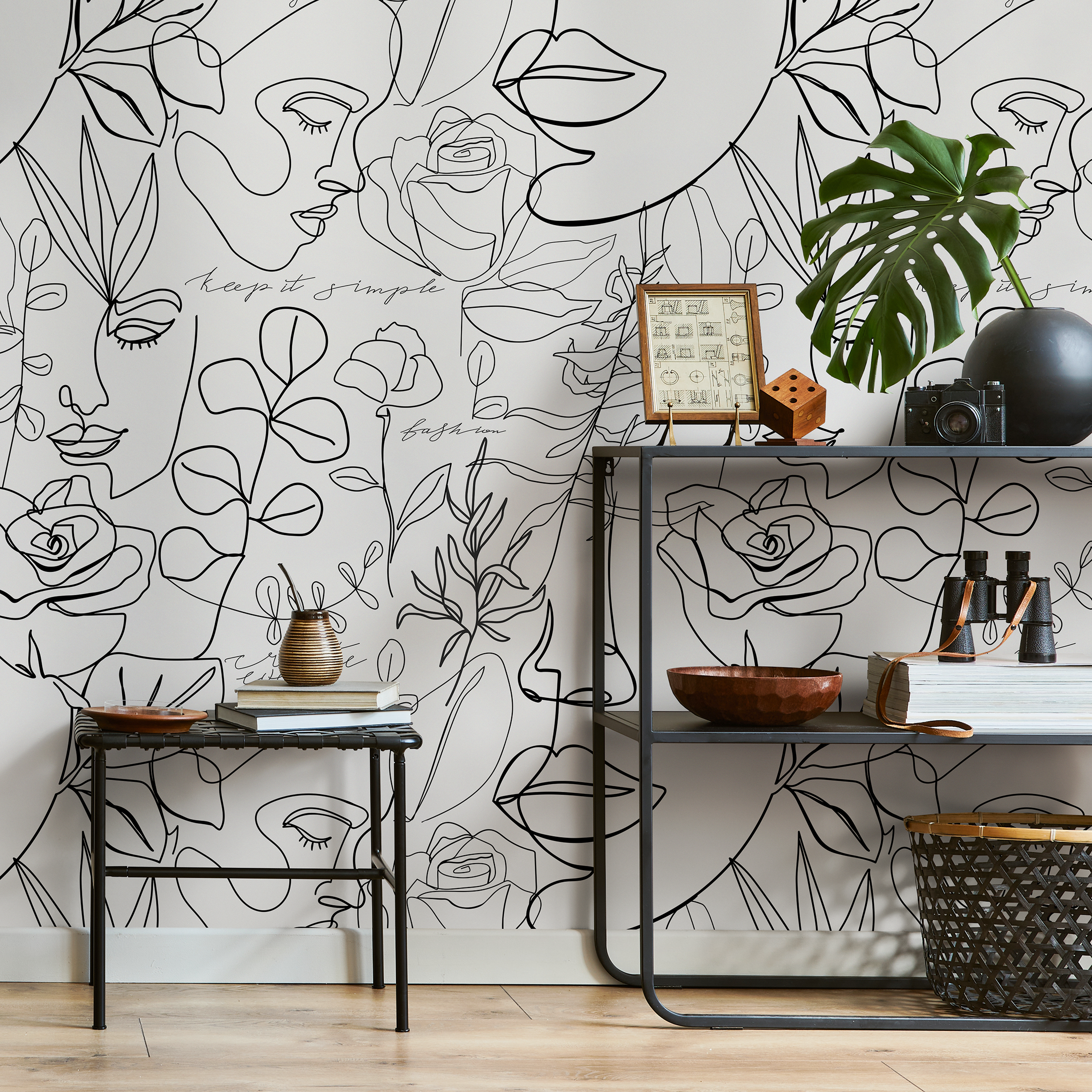 Abstract Wallpaper With Continuous Line Faces And Florals In Black - B611