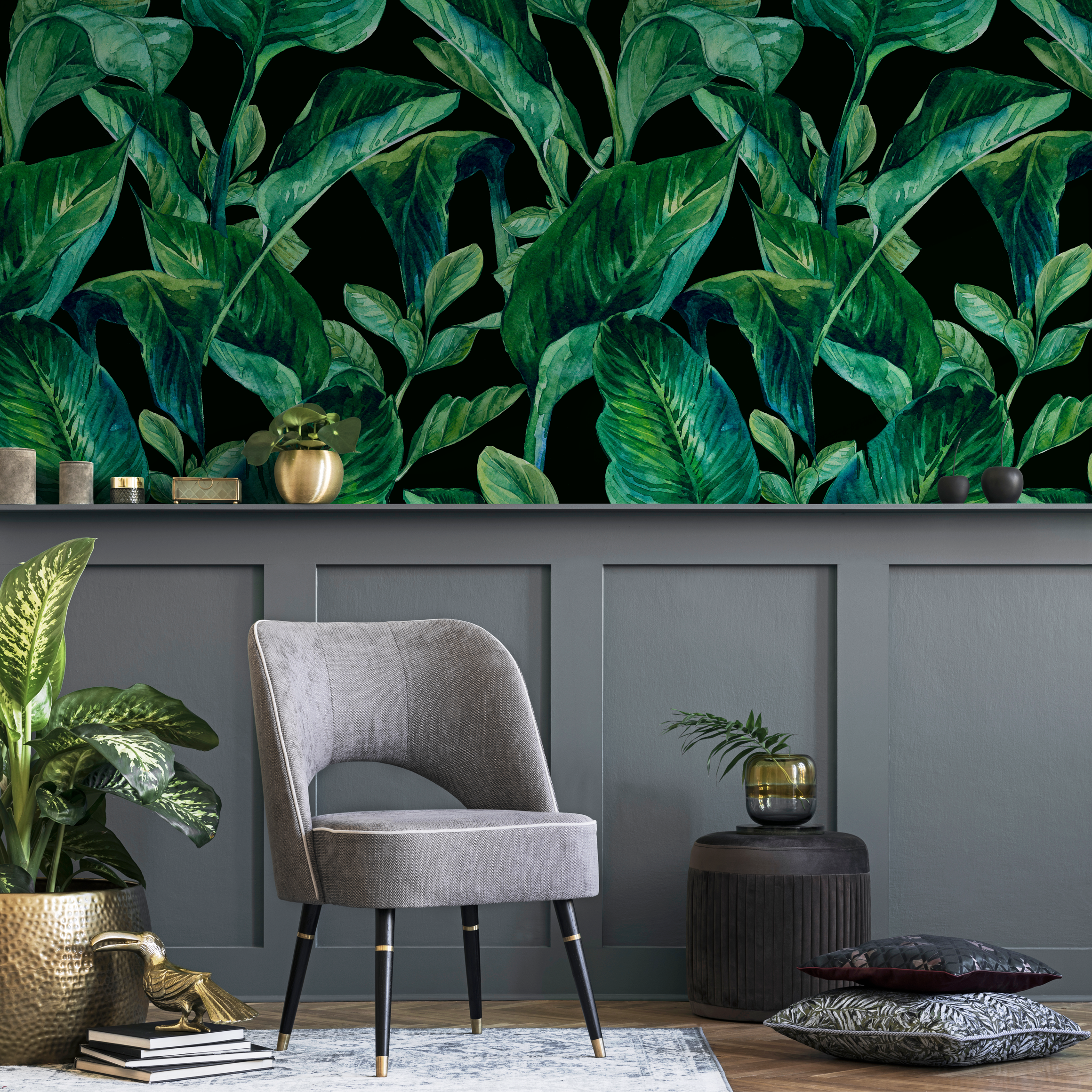 Botanical Wallpaper With Lush Watercolor Leaves In Green And Black - B613