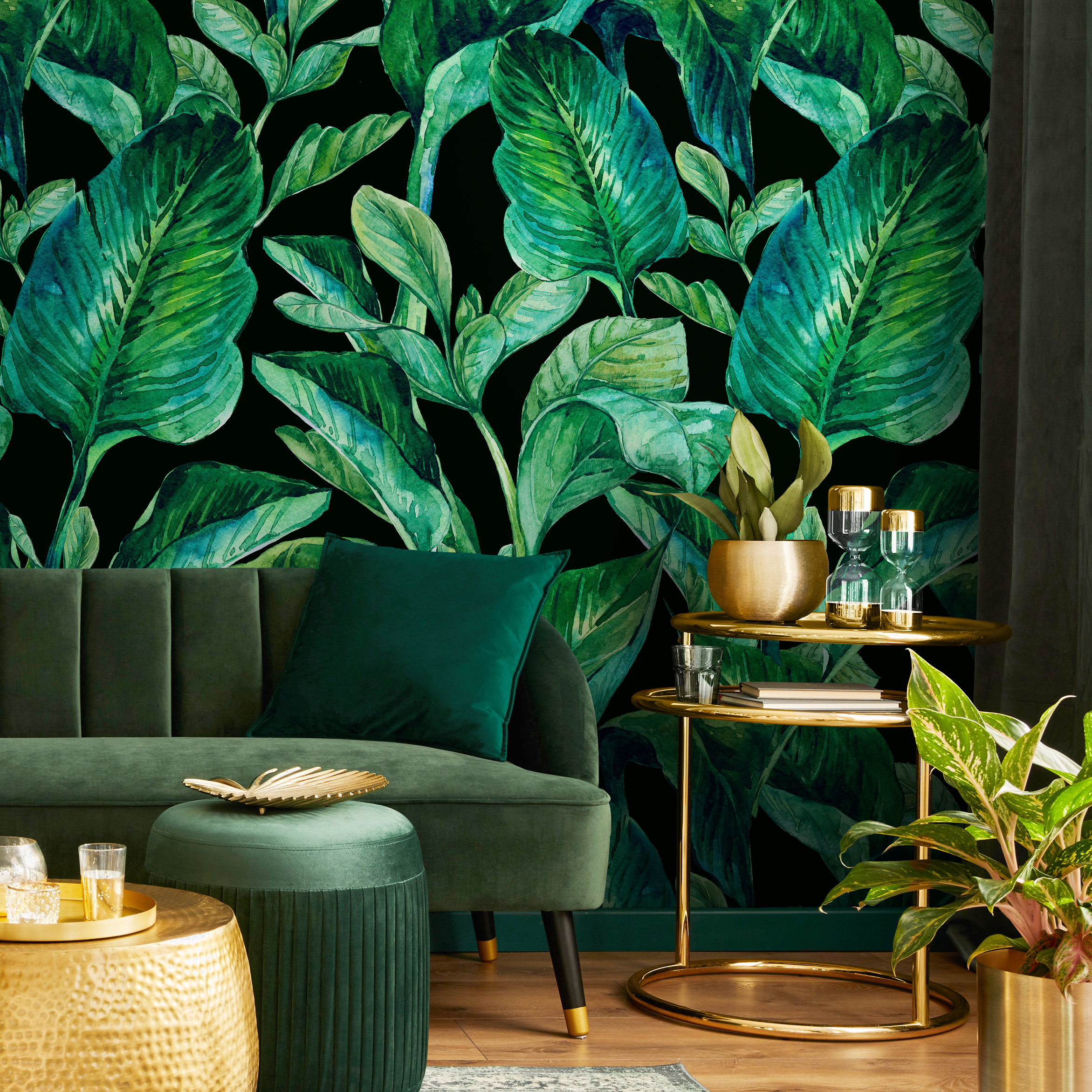 Botanical Wallpaper With Lush Watercolor Leaves In Green And Black - B613