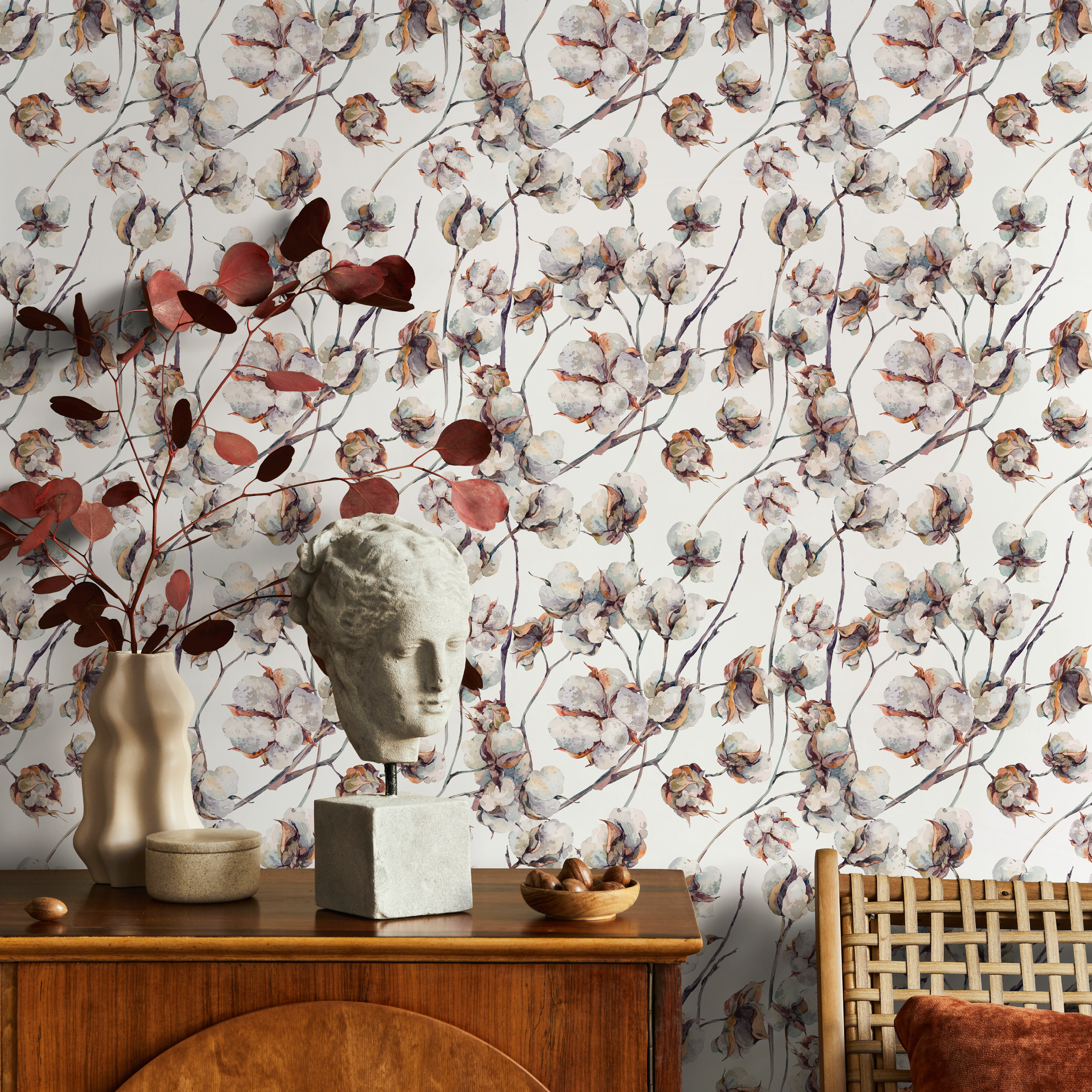 Botanical Wallpaper With A Watercolor Cotton Boll Motif In Brown And Gray - B614