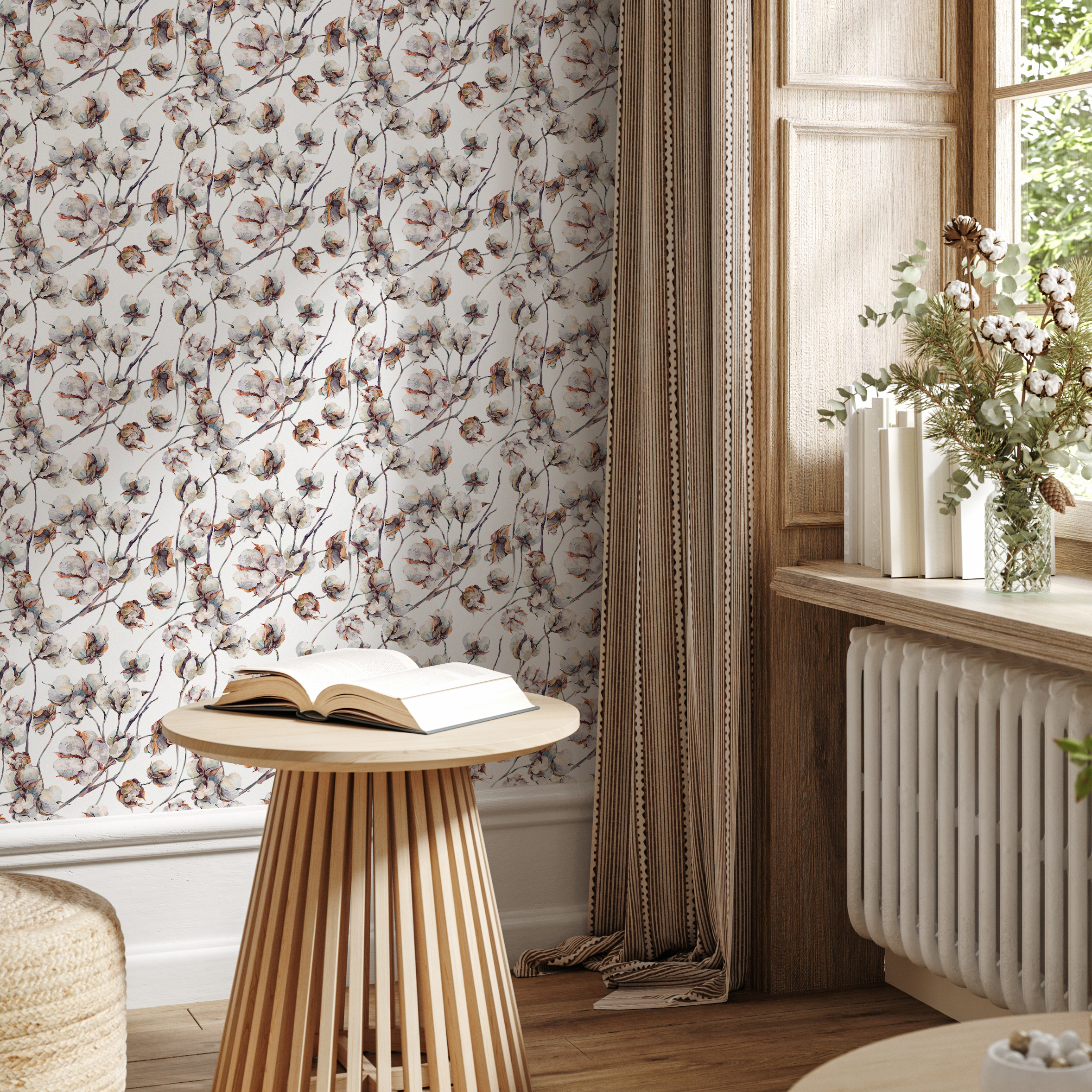 Botanical Wallpaper With A Watercolor Cotton Boll Motif In Brown And Gray - B614