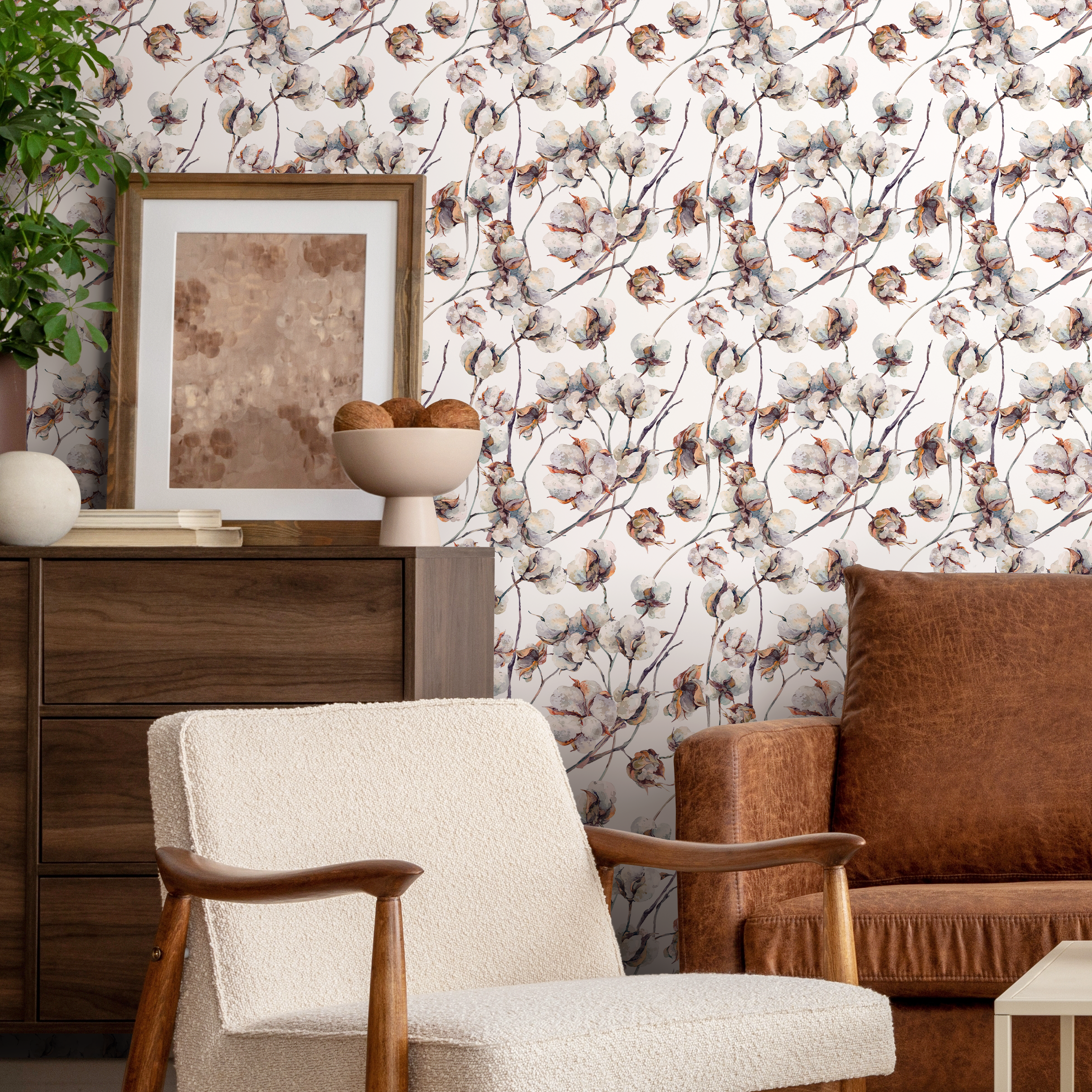 Botanical Wallpaper With A Watercolor Cotton Boll Motif In Brown And Gray - B614