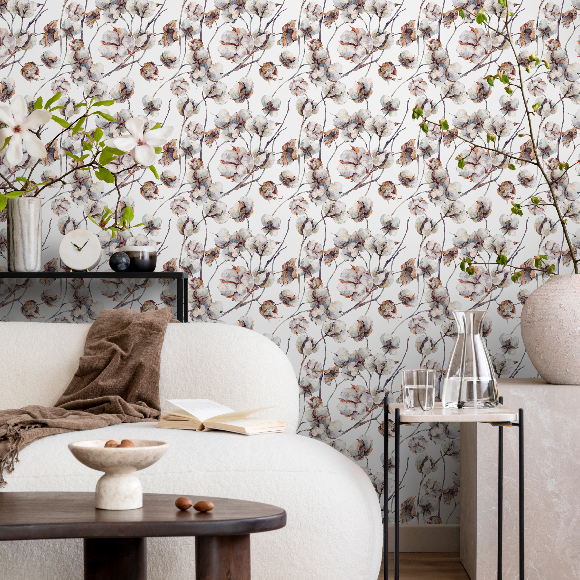 Botanical Wallpaper With A Watercolor Cotton Boll Motif In Brown And Gray - B614