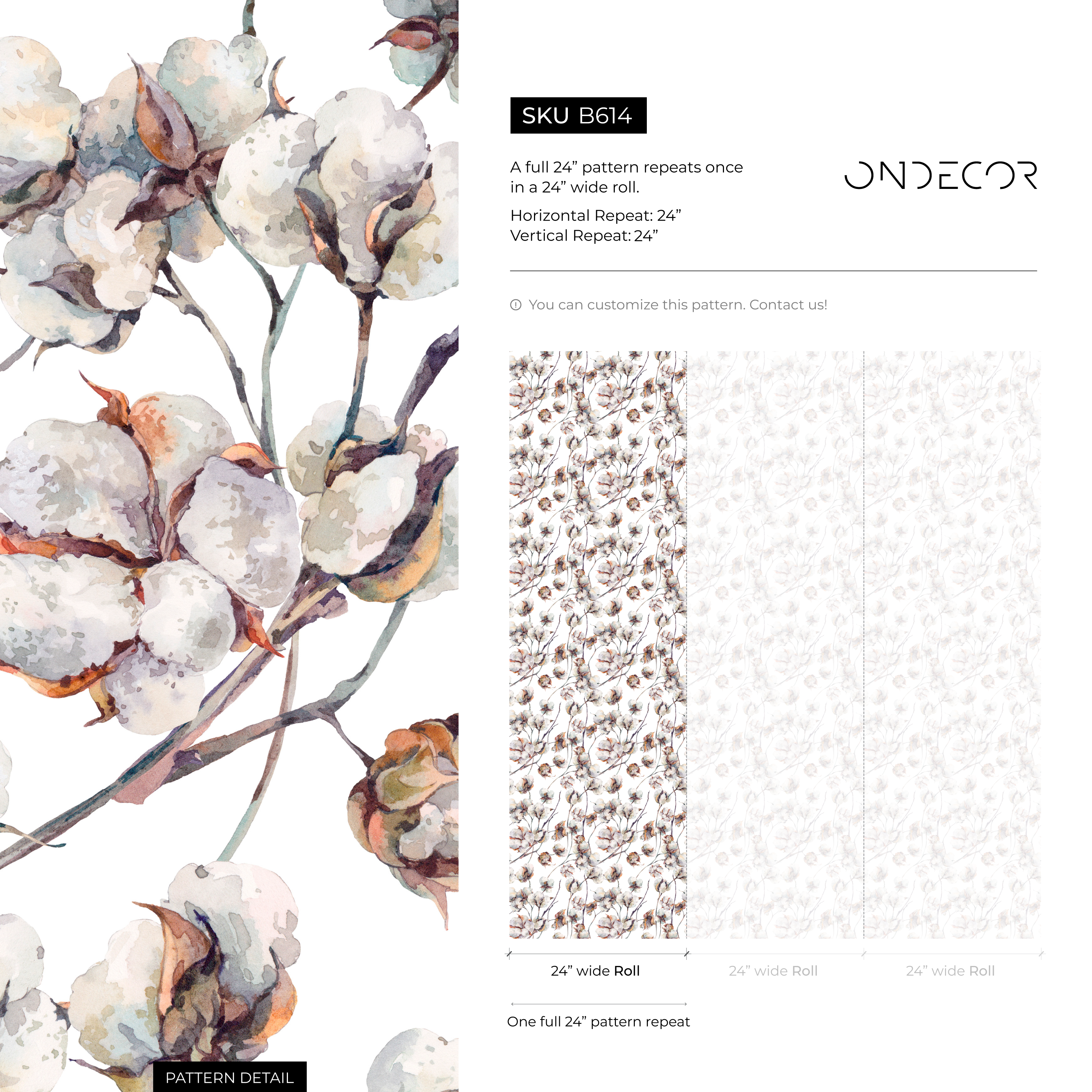 Botanical Wallpaper With A Watercolor Cotton Boll Motif In Brown And Gray - B614