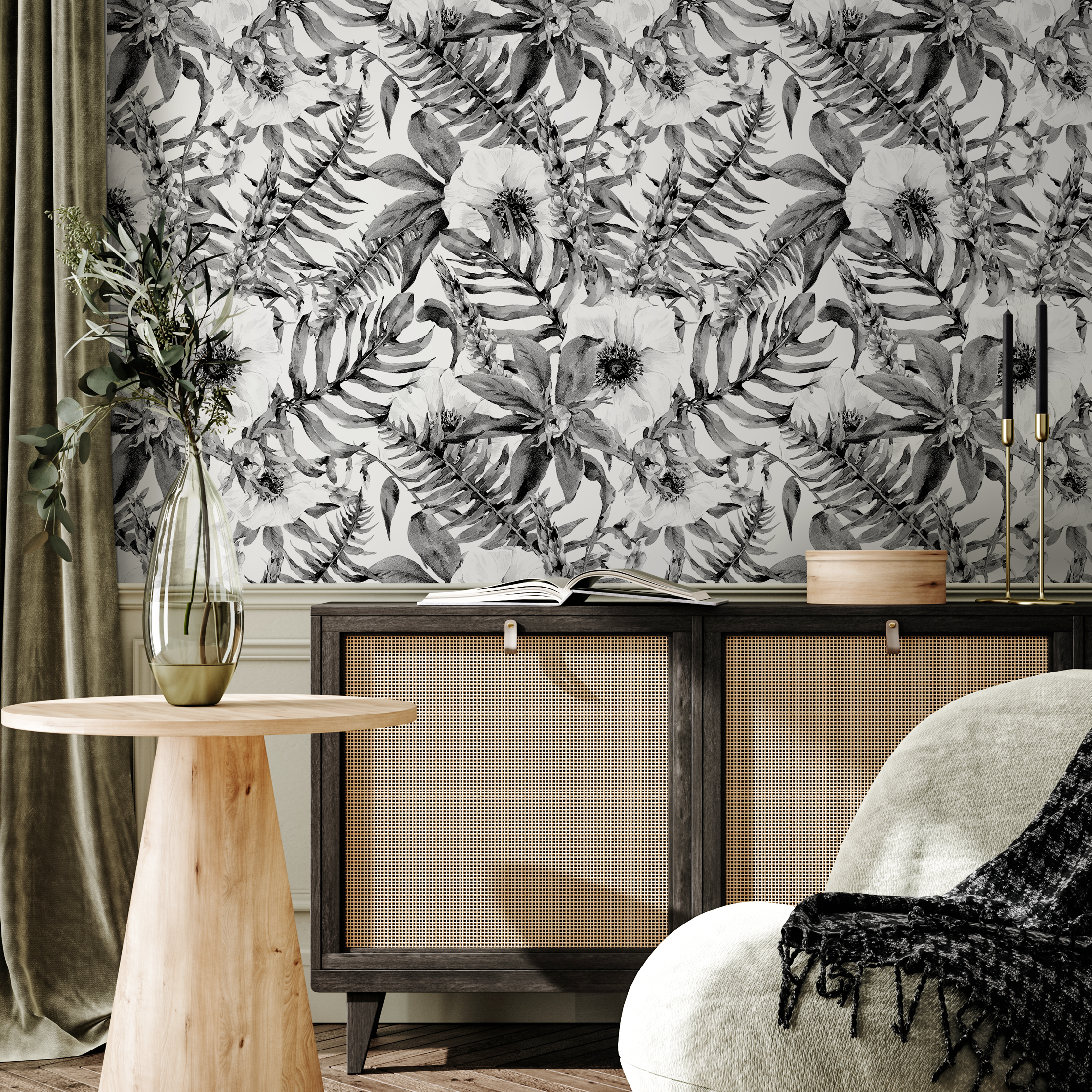 Floral Wallpaper With Watercolor Anemones And Ferns In Black And White - B617