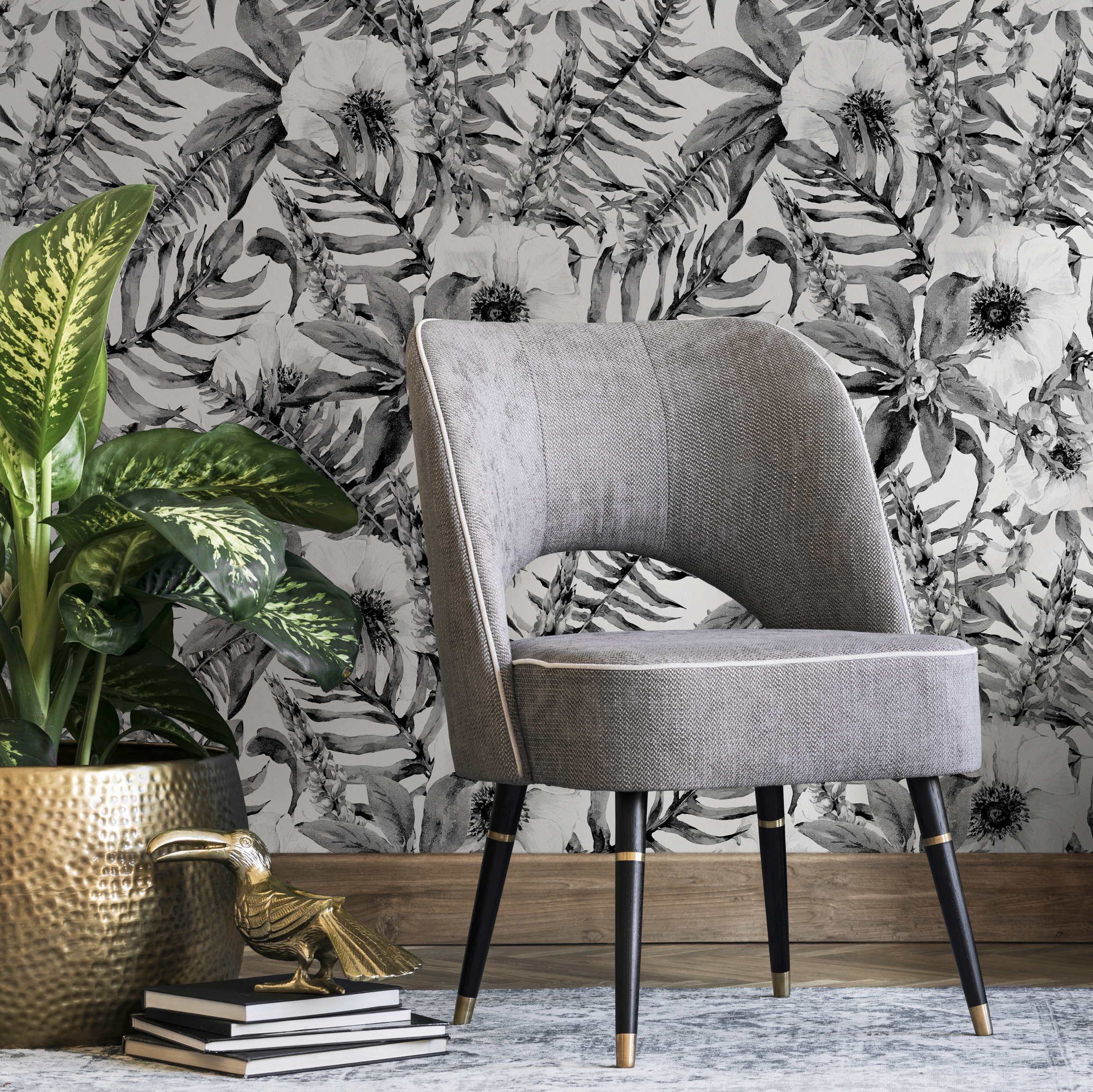 Floral Wallpaper With Watercolor Anemones And Ferns In Black And White - B617