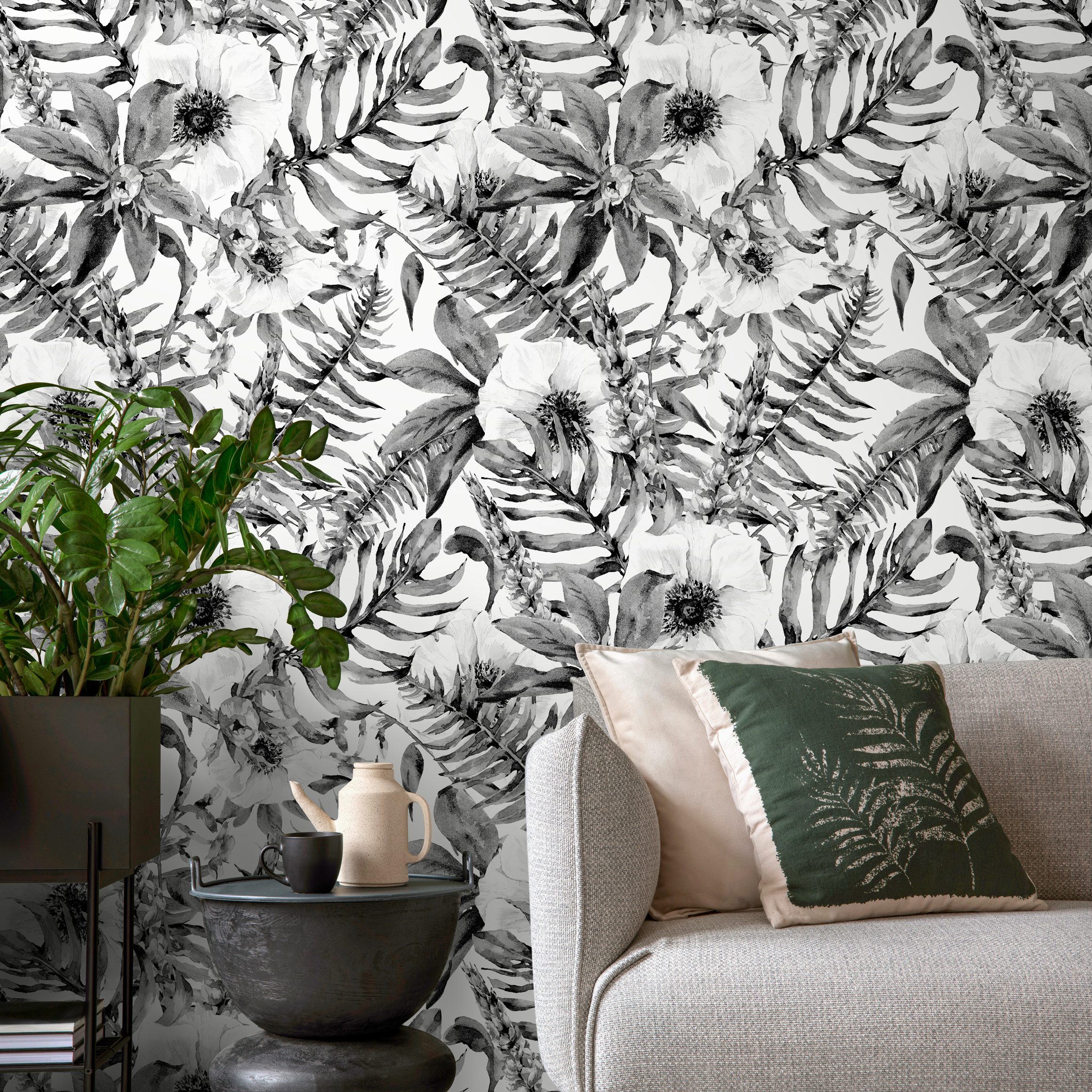 Floral Wallpaper With Watercolor Anemones And Ferns In Black And White - B617