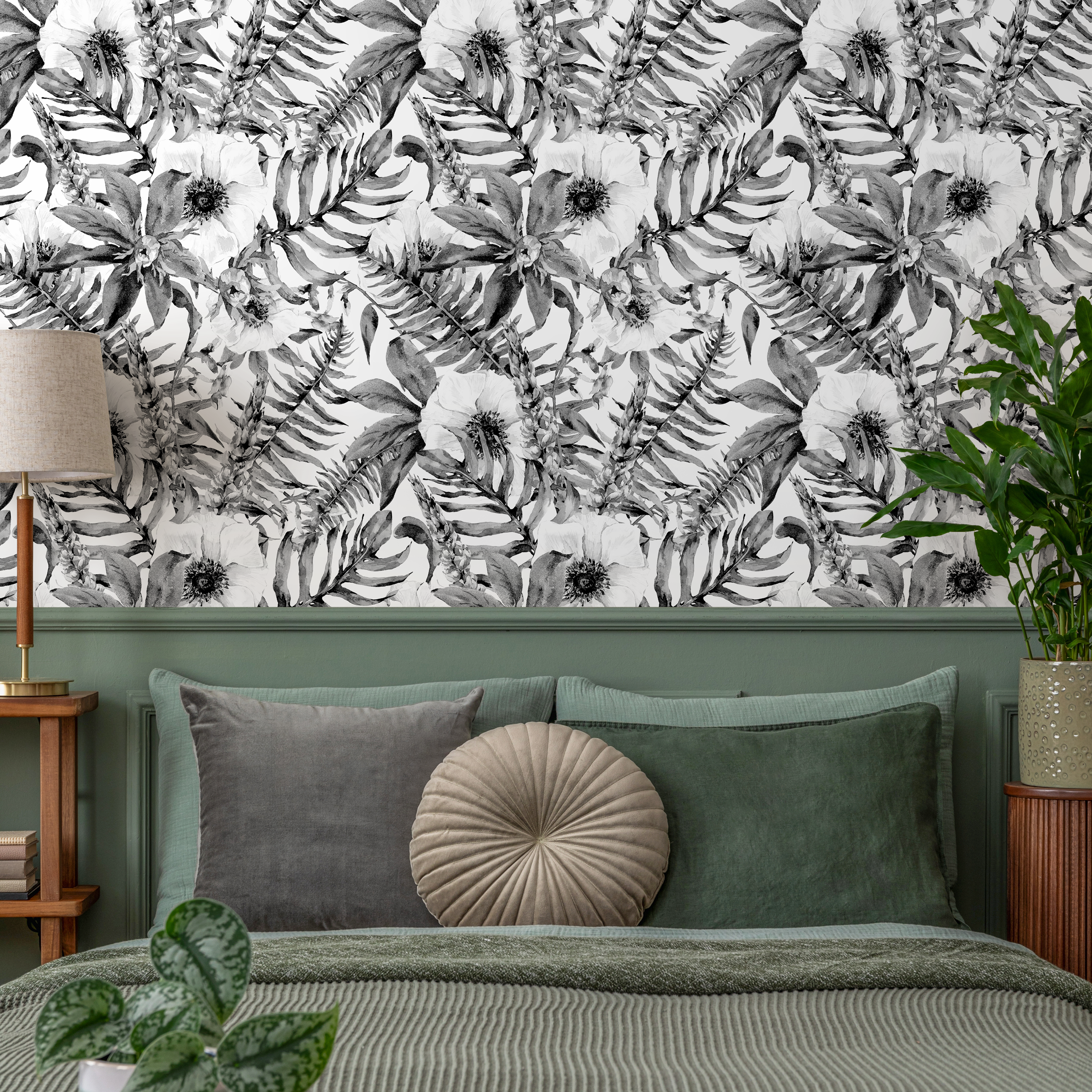 Floral Wallpaper With Watercolor Anemones And Ferns In Black And White - B617
