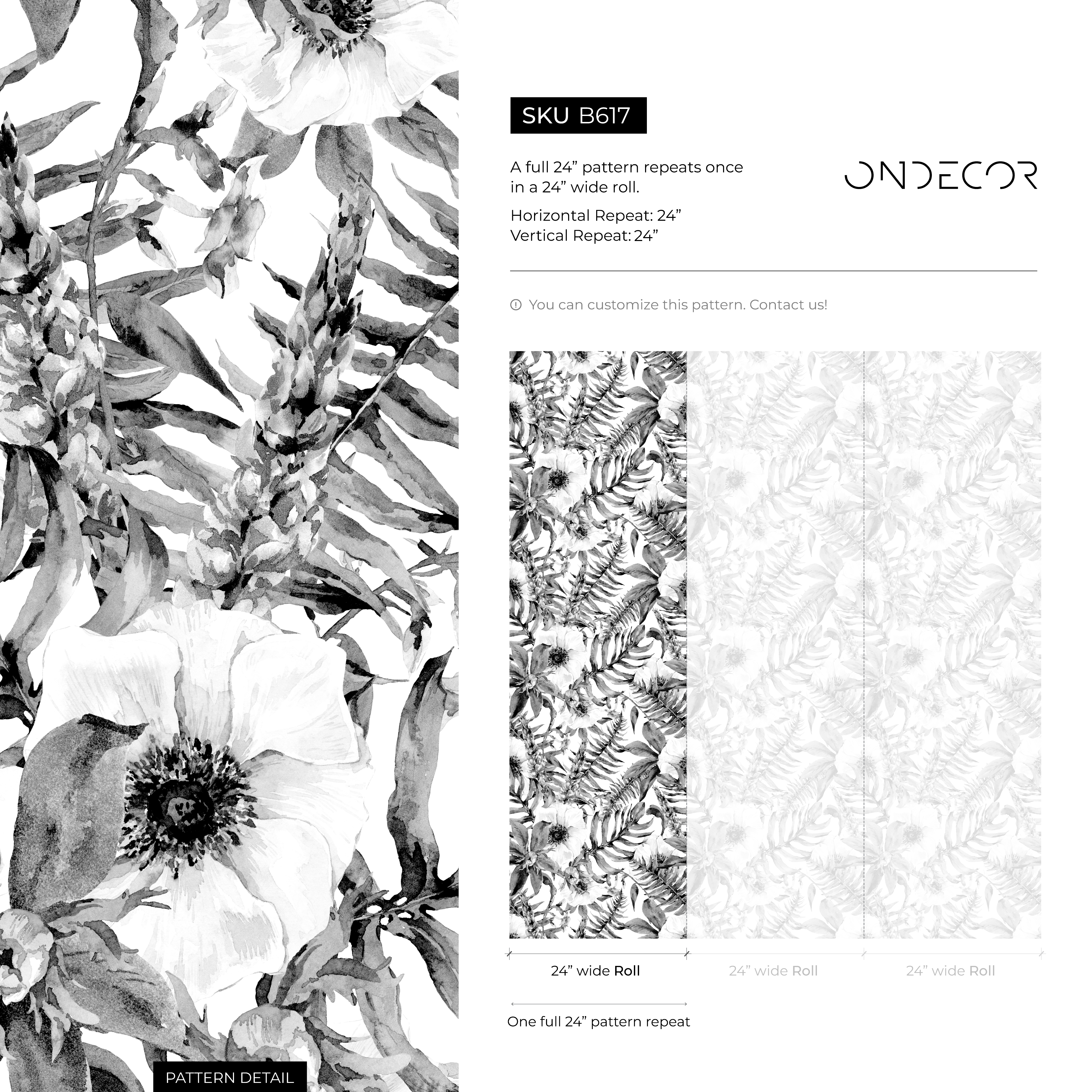 Floral Wallpaper With Watercolor Anemones And Ferns In Black And White - B617