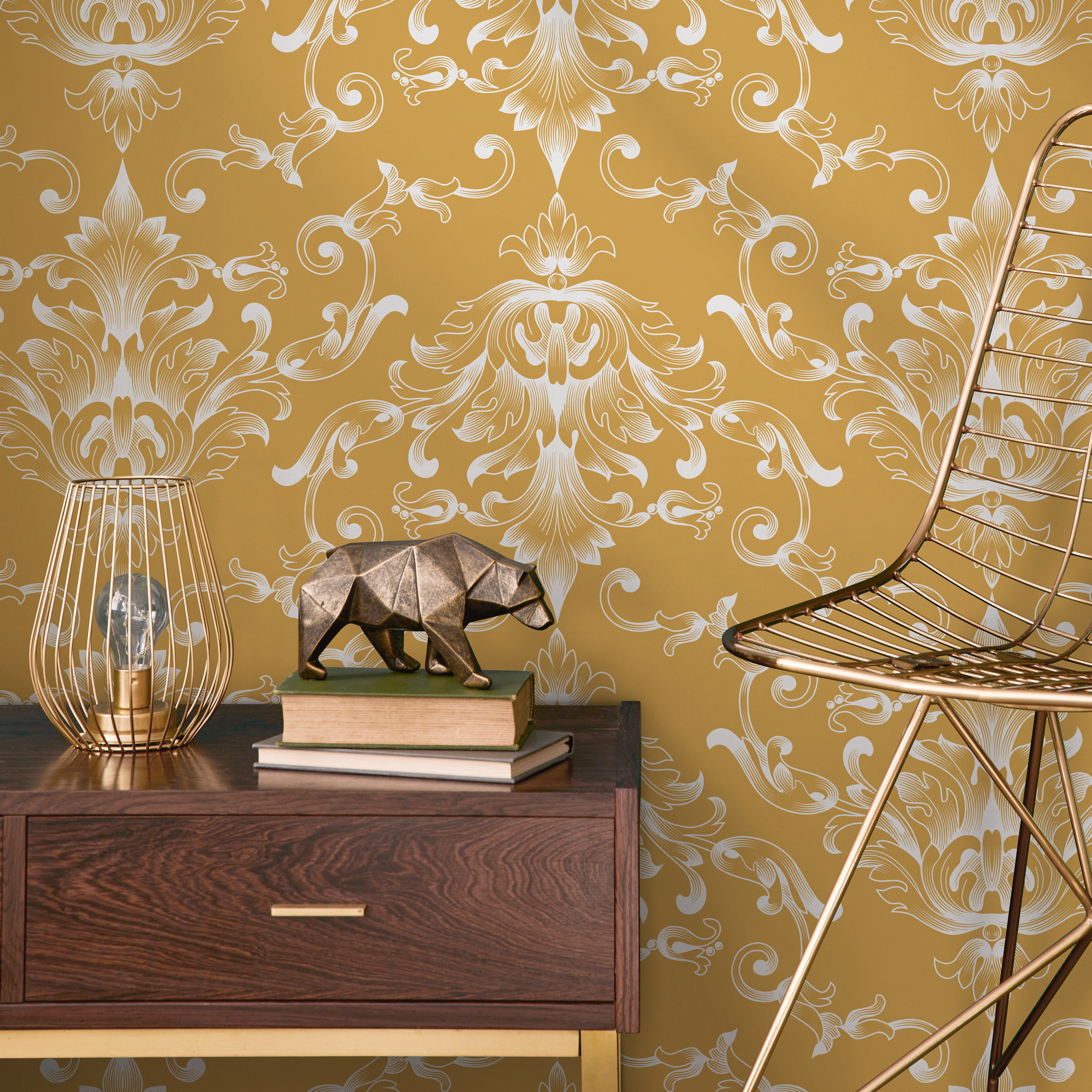 Damask Wallpaper With Ornate Acanthus Scrolls In Mustard Yellow And White - B620