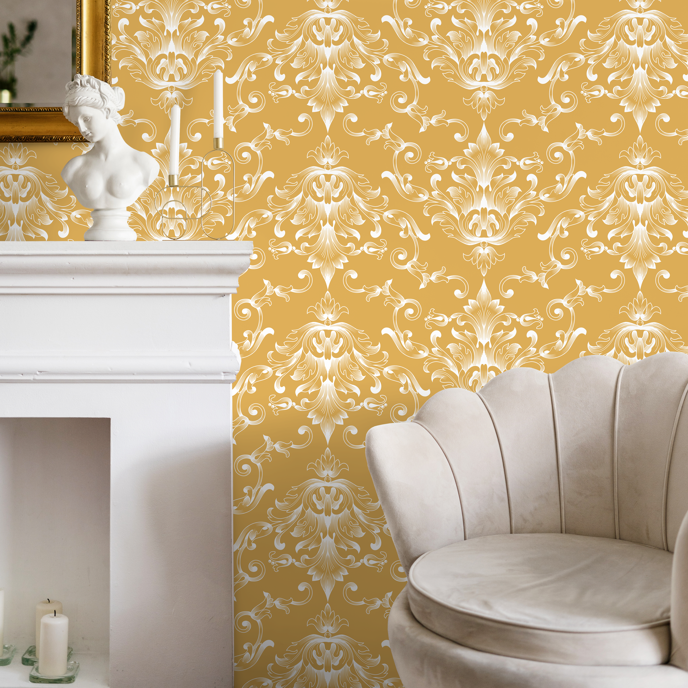 Damask Wallpaper With Ornate Acanthus Scrolls In Mustard Yellow And White - B620