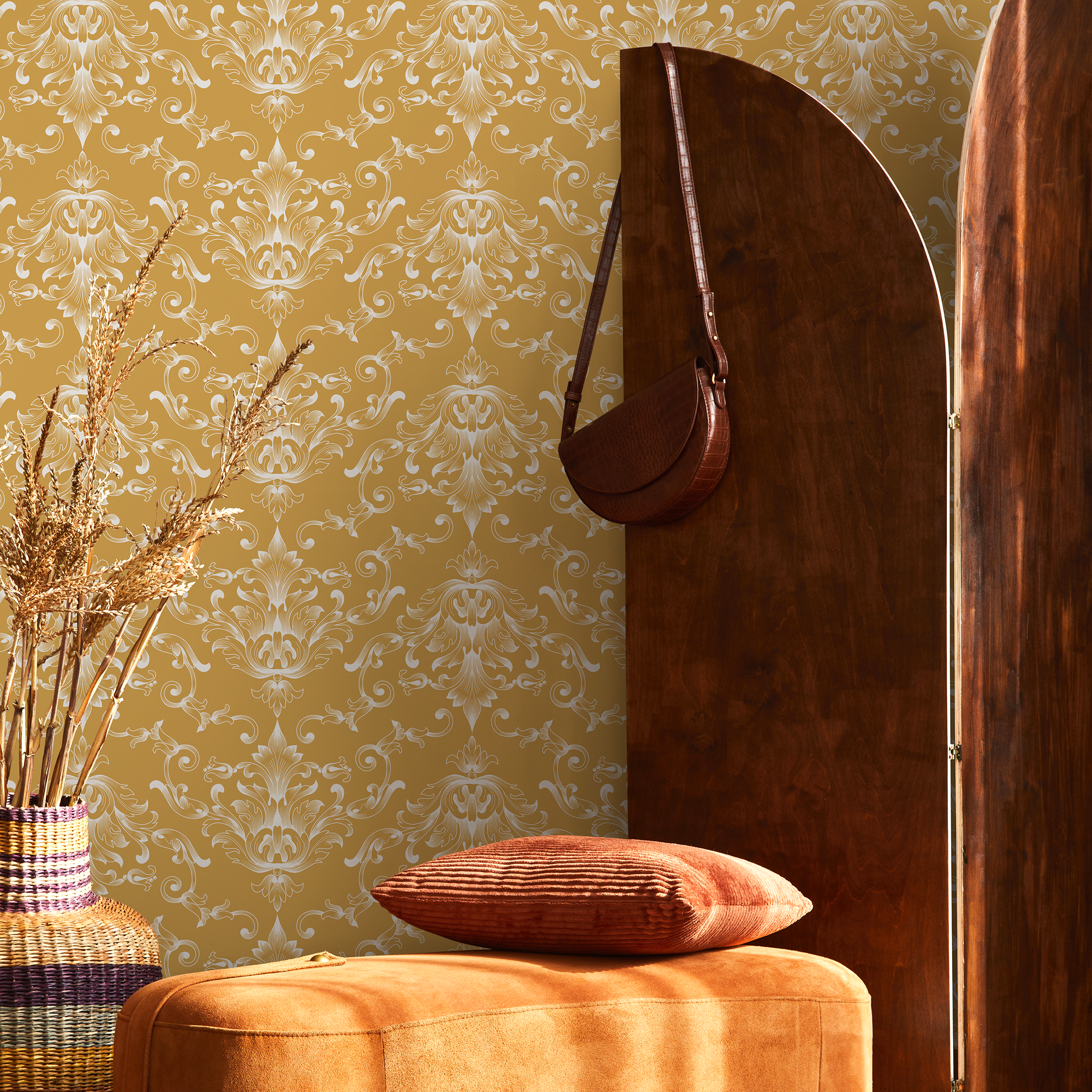 Damask Wallpaper With Ornate Acanthus Scrolls In Mustard Yellow And White - B620