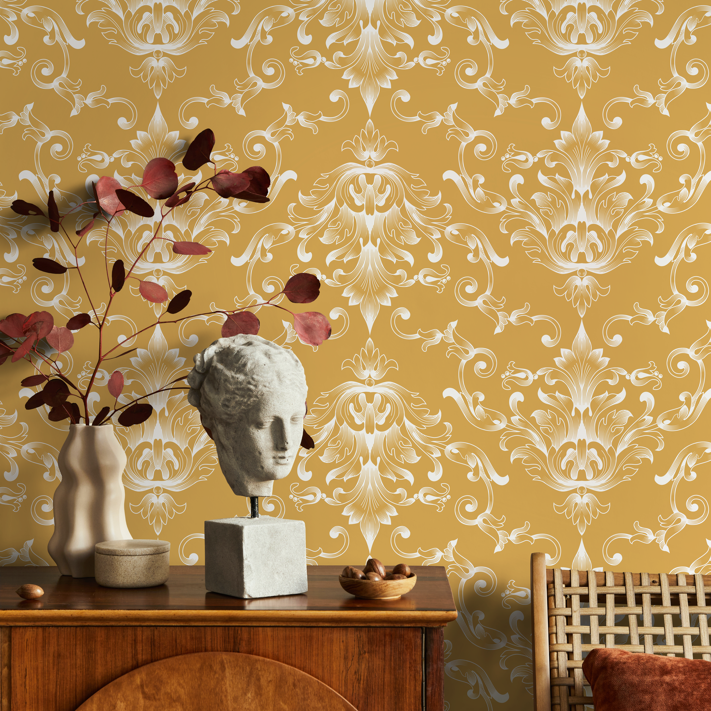 Damask Wallpaper With Ornate Acanthus Scrolls In Mustard Yellow And White - B620