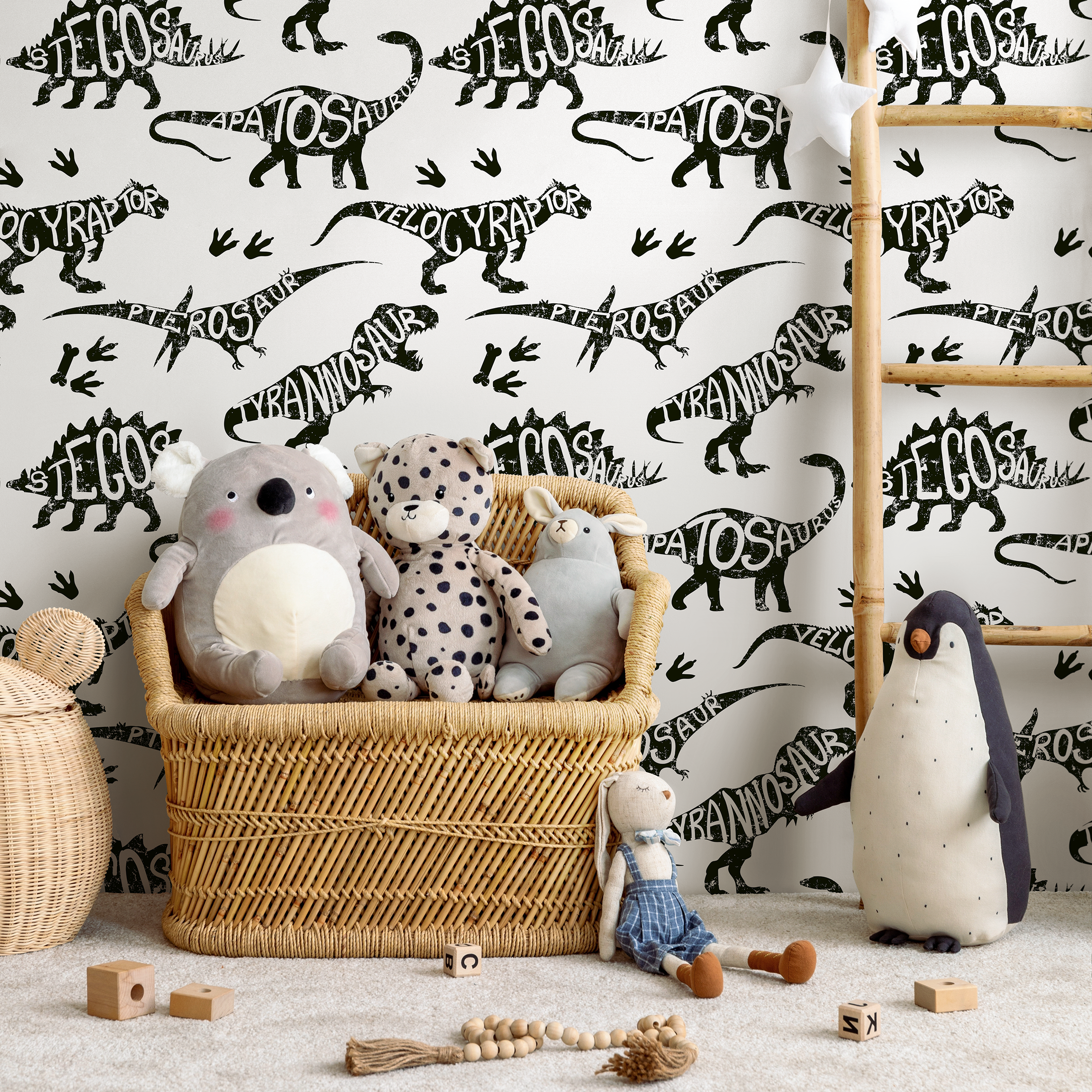 Dinosaur Wallpaper With Typographic Silhouettes In Black And Gray - B625