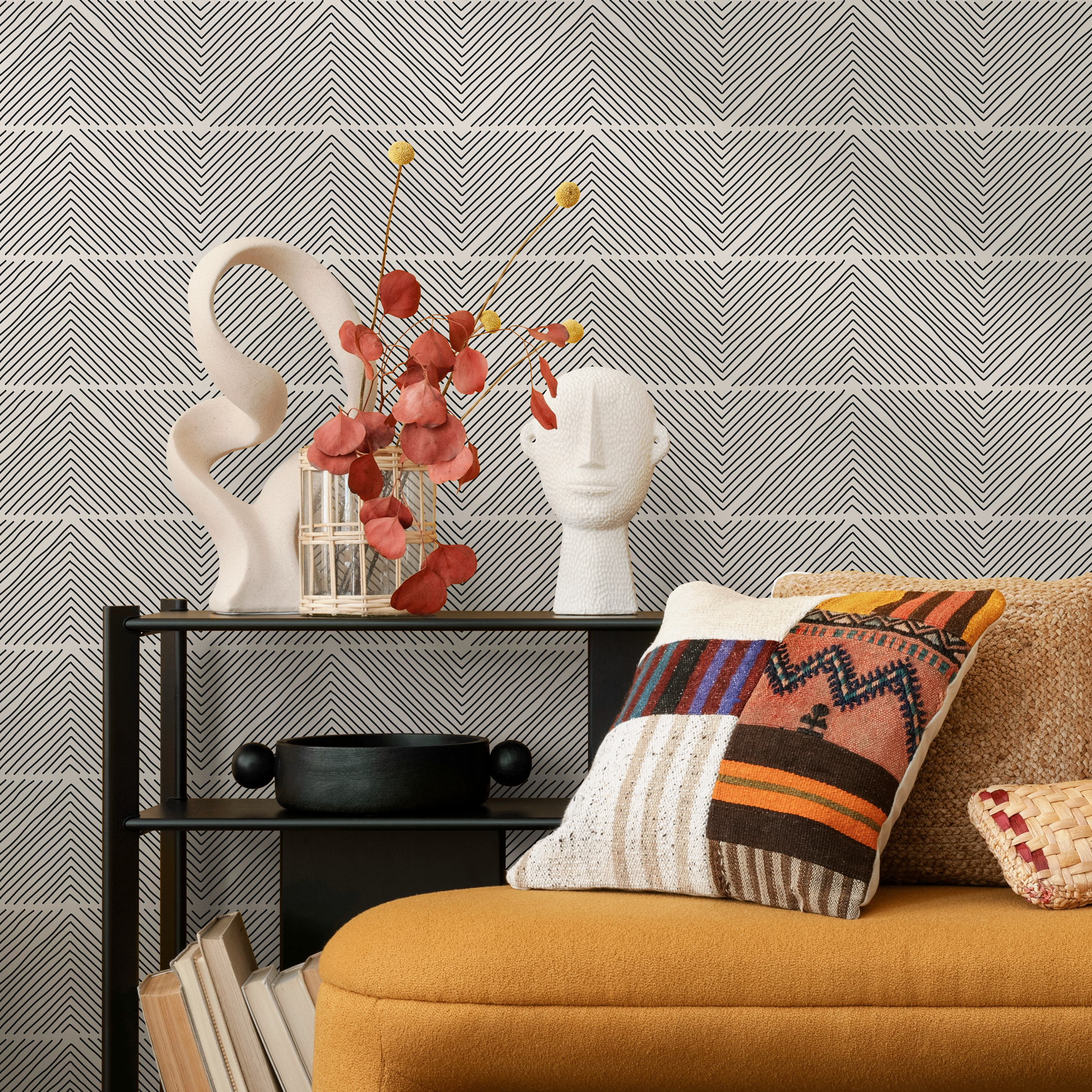 Geometric Wallpaper With Hand-drawn Chevron Lines In Black And Beige - B626