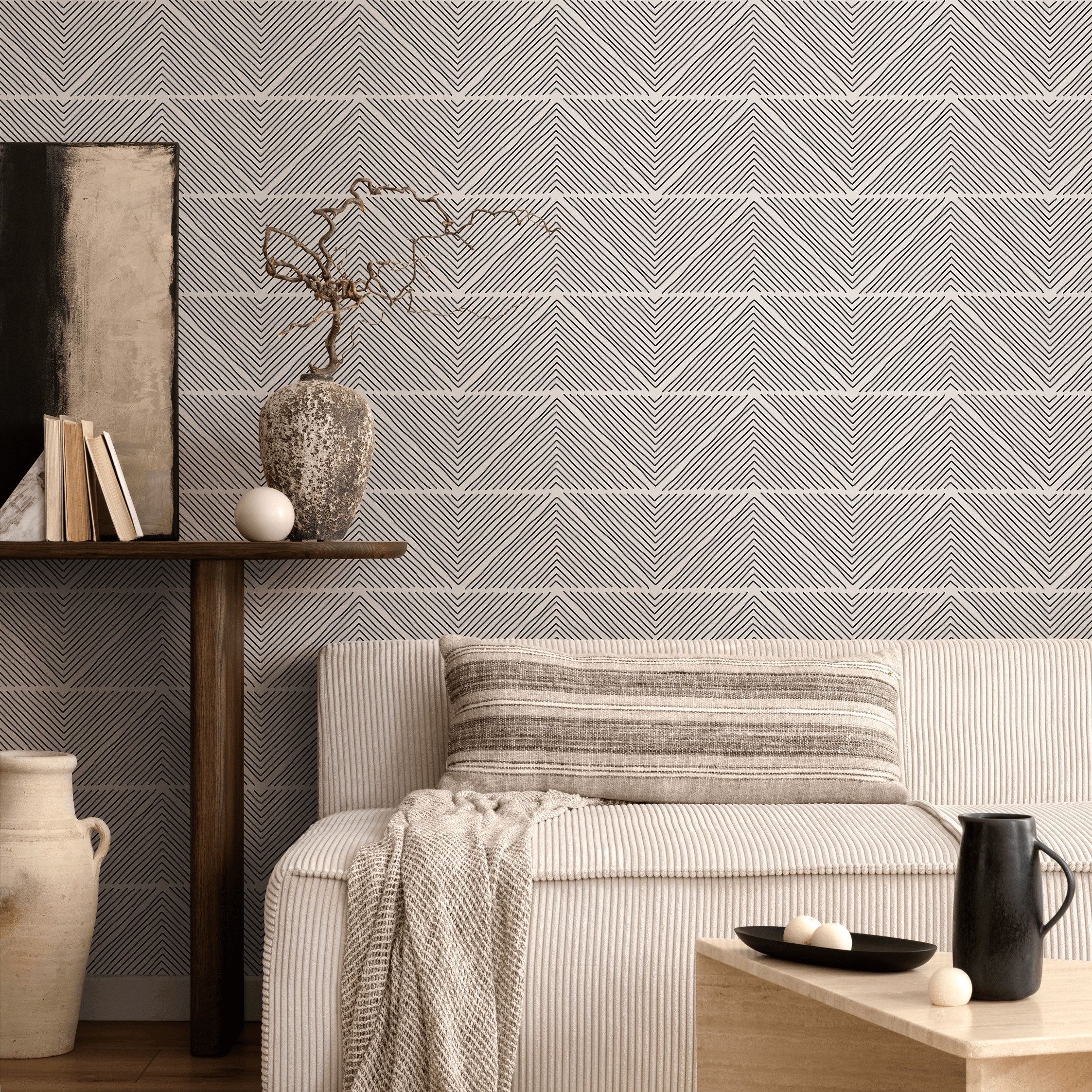 Geometric Wallpaper With Hand-drawn Chevron Lines In Black And Beige - B626