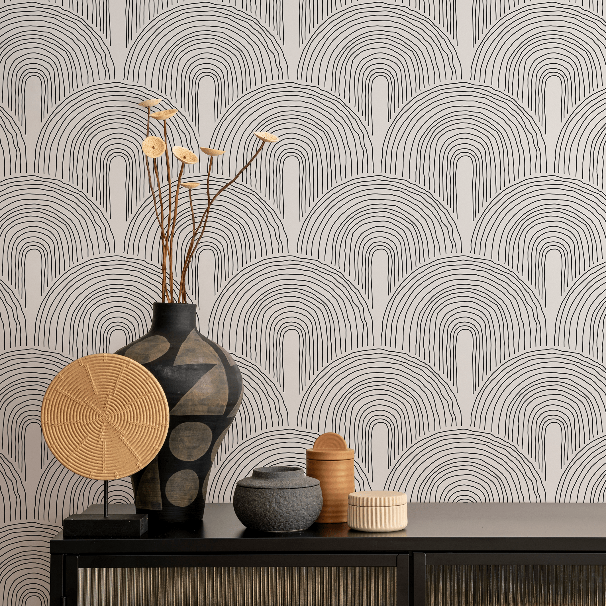Abstract Wallpaper With Hand-drawn Arches In Black And White - B627