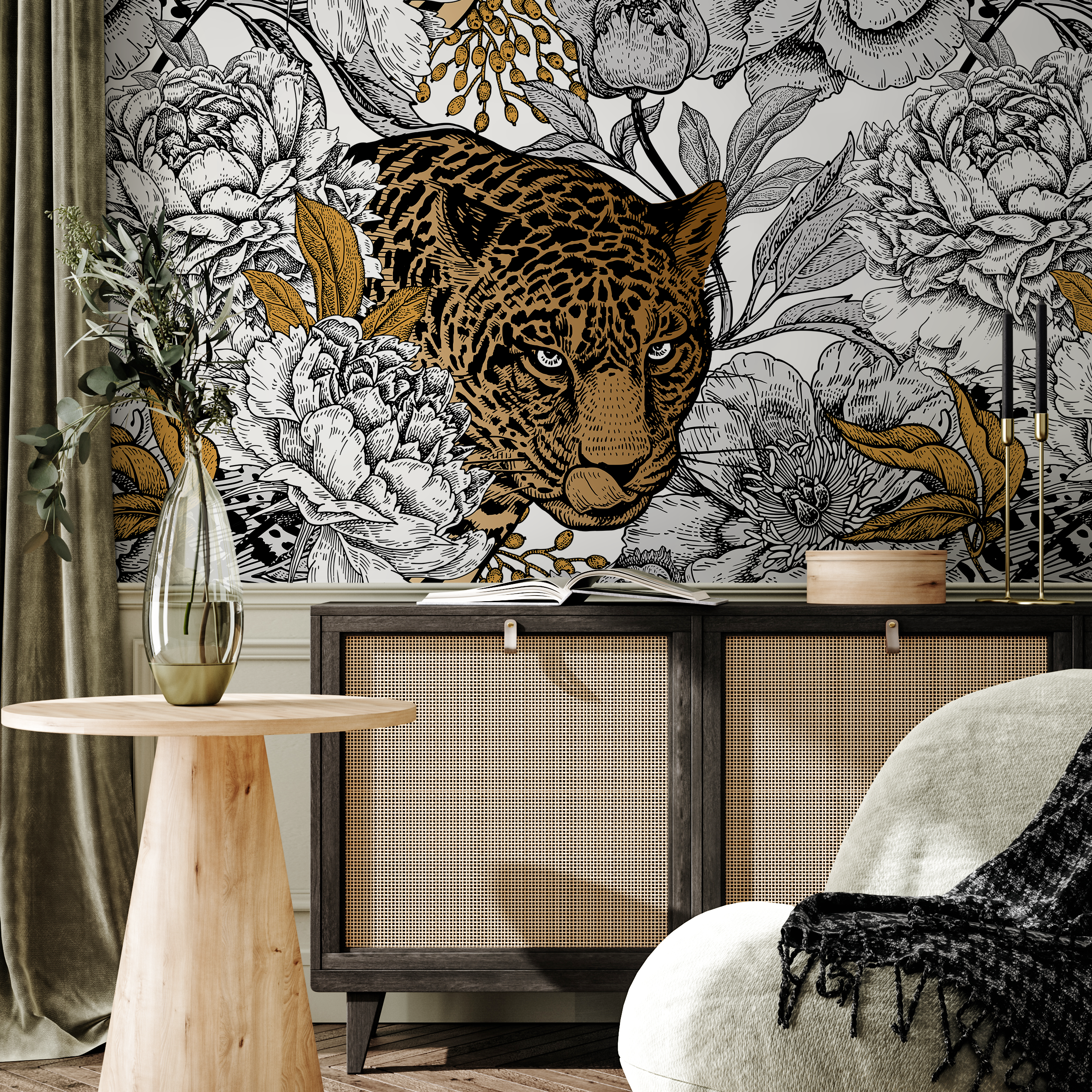Animal Print Wallpaper With Jaguar And Peonies In Black And Gold - B629