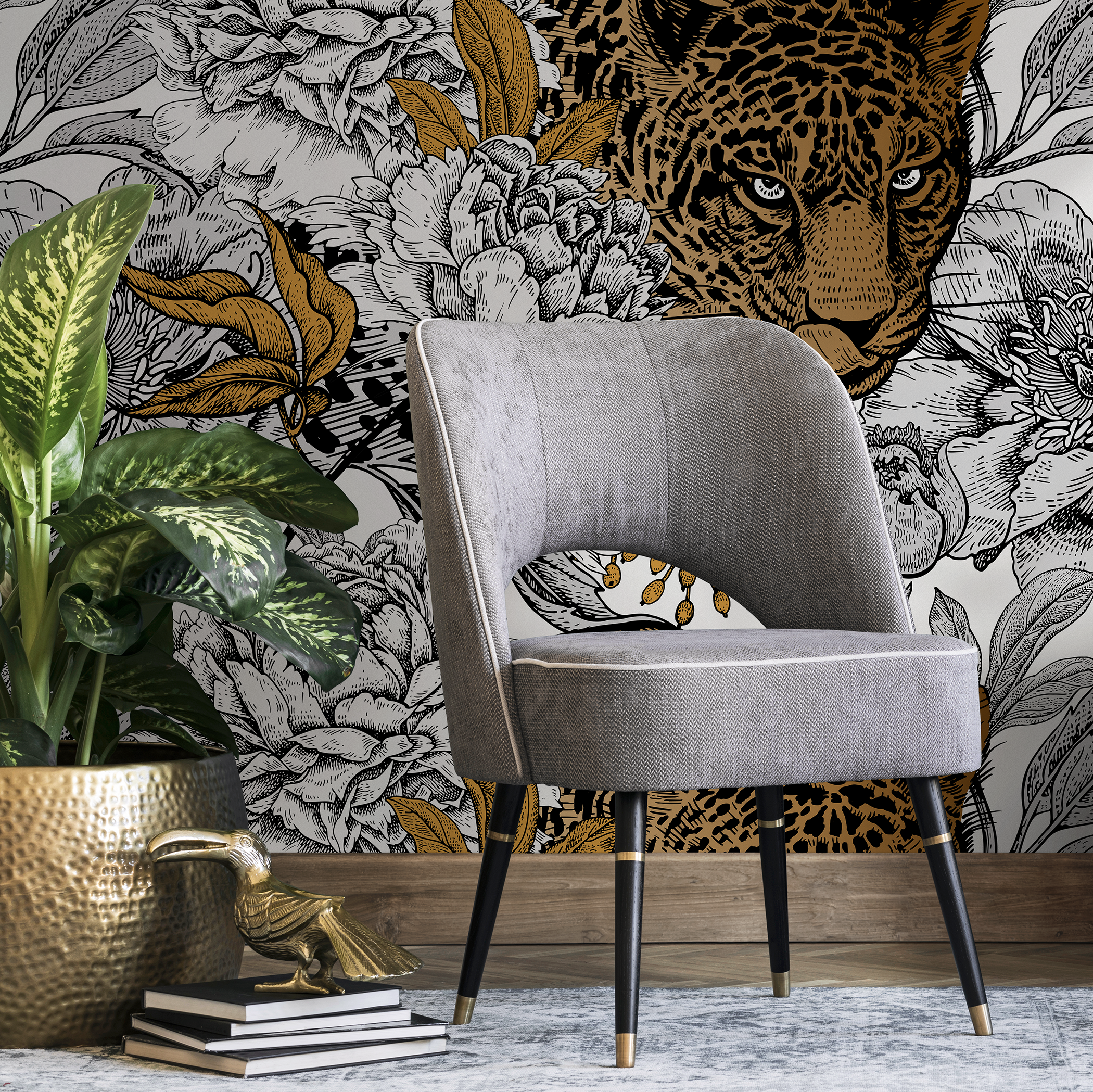 Animal Print Wallpaper With Jaguar And Peonies In Black And Gold - B629