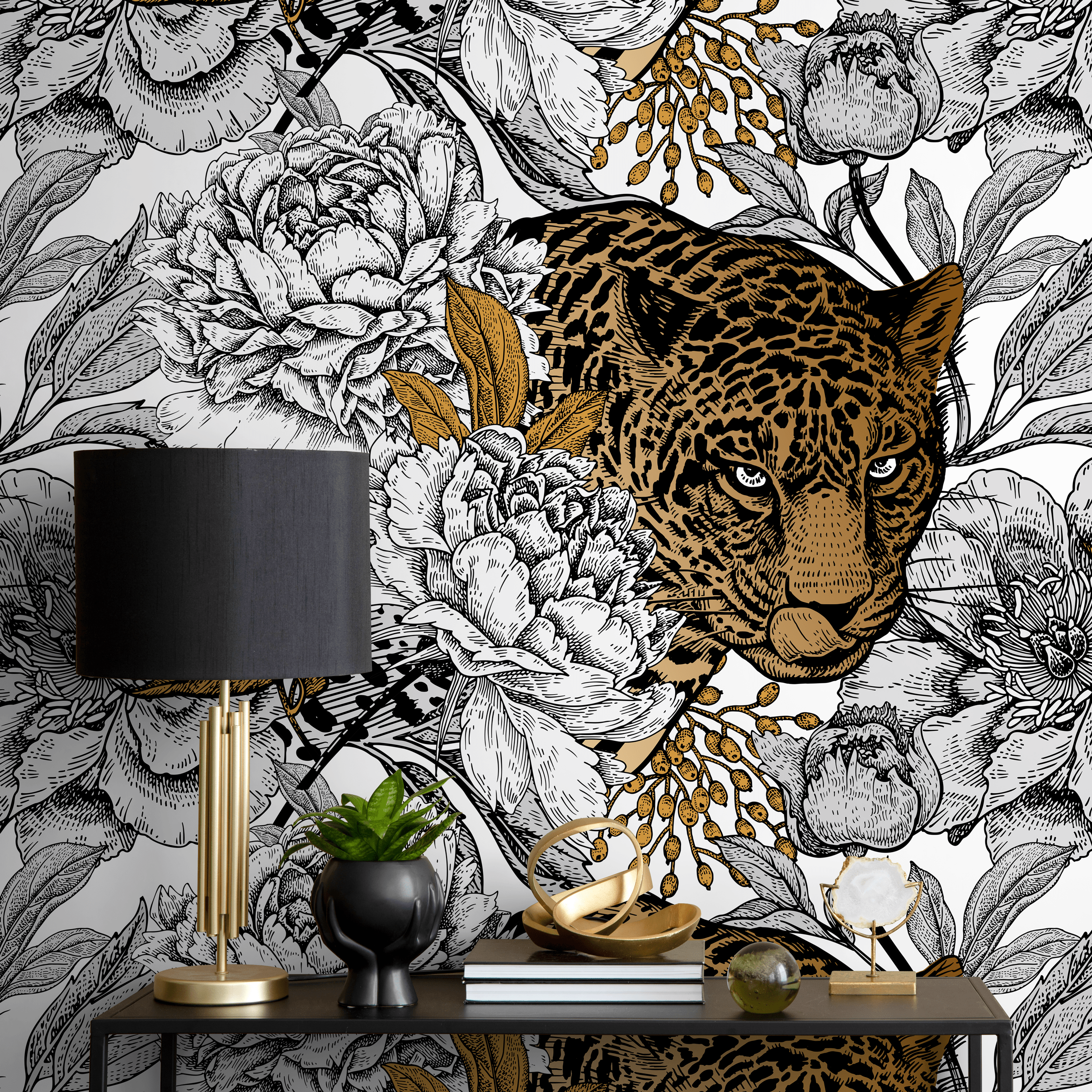 Animal Print Wallpaper With Jaguar And Peonies In Black And Gold - B629