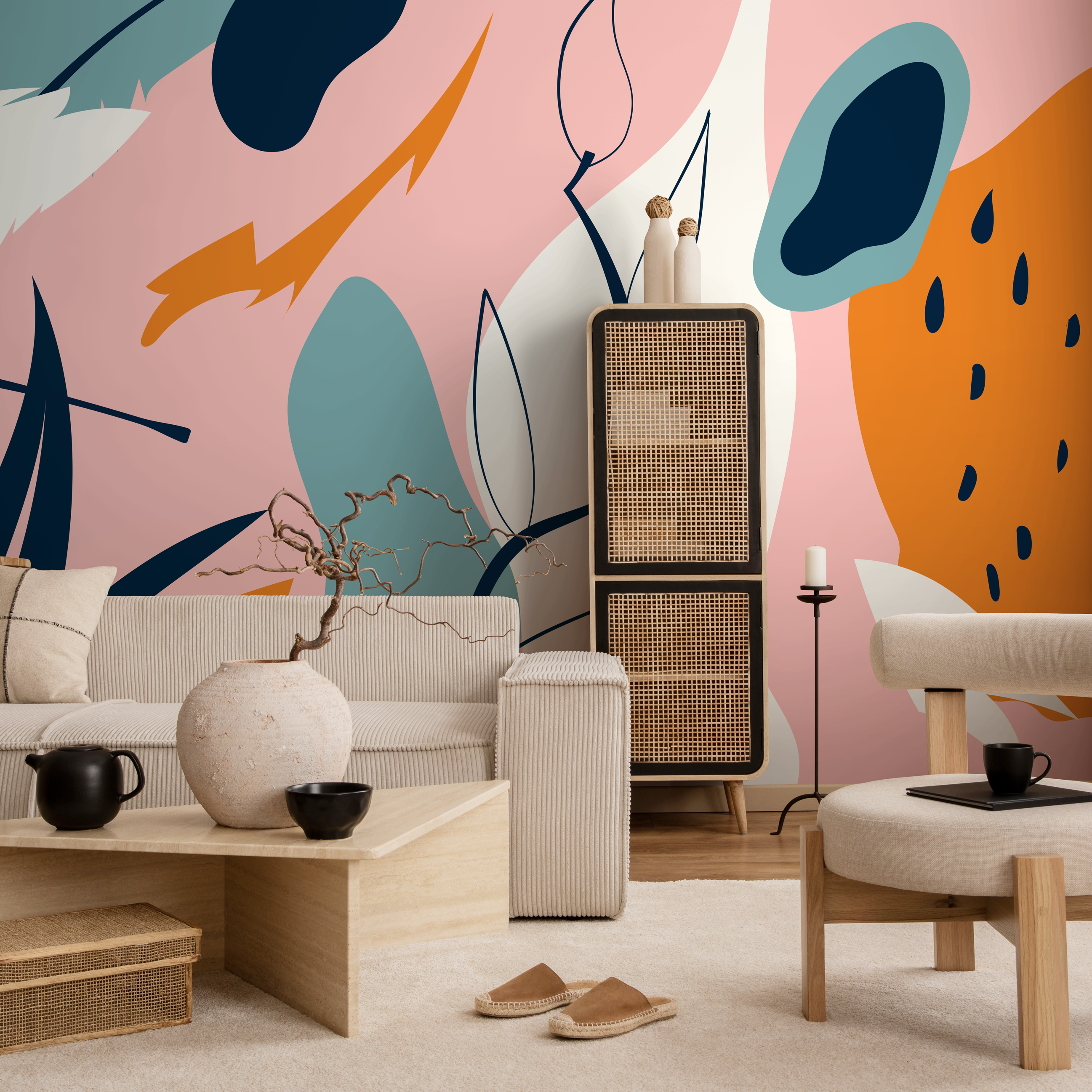 Abstract Wallpaper With Modern Organic Shapes In Pink, Orange, And Blue - B630