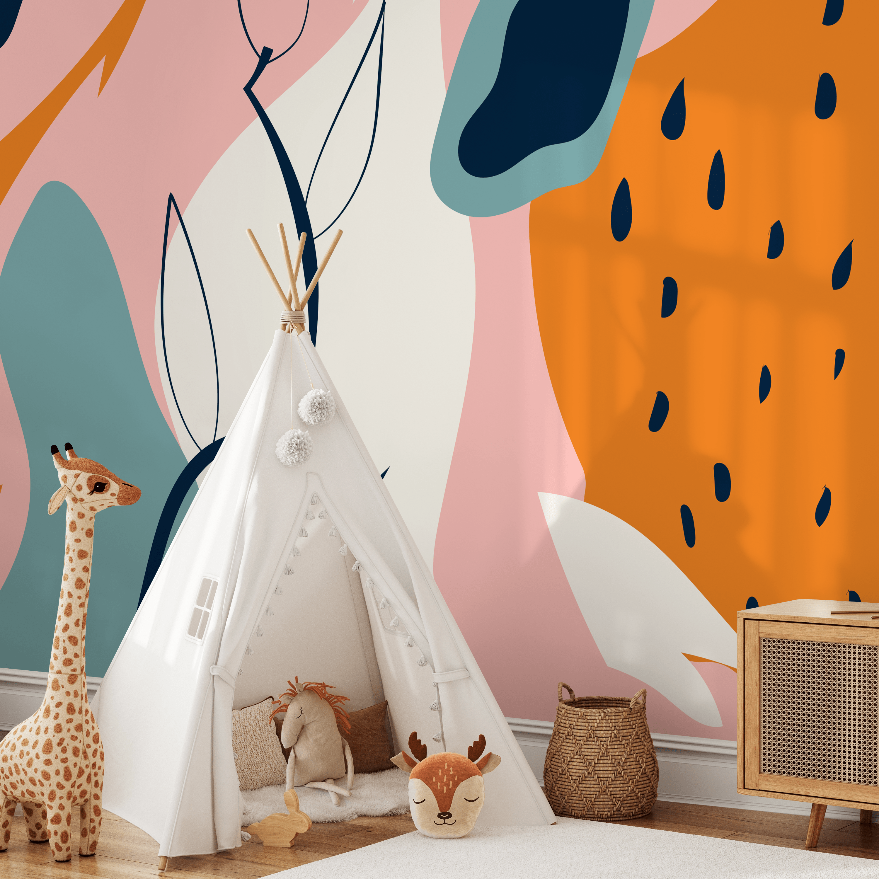 Abstract Wallpaper With Modern Organic Shapes In Pink, Orange, And Blue - B630