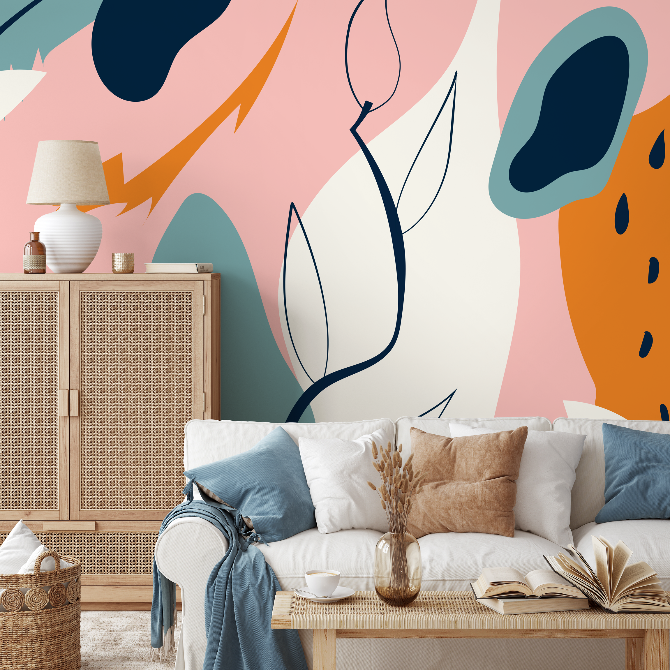 Abstract Wallpaper With Modern Organic Shapes In Pink, Orange, And Blue - B630