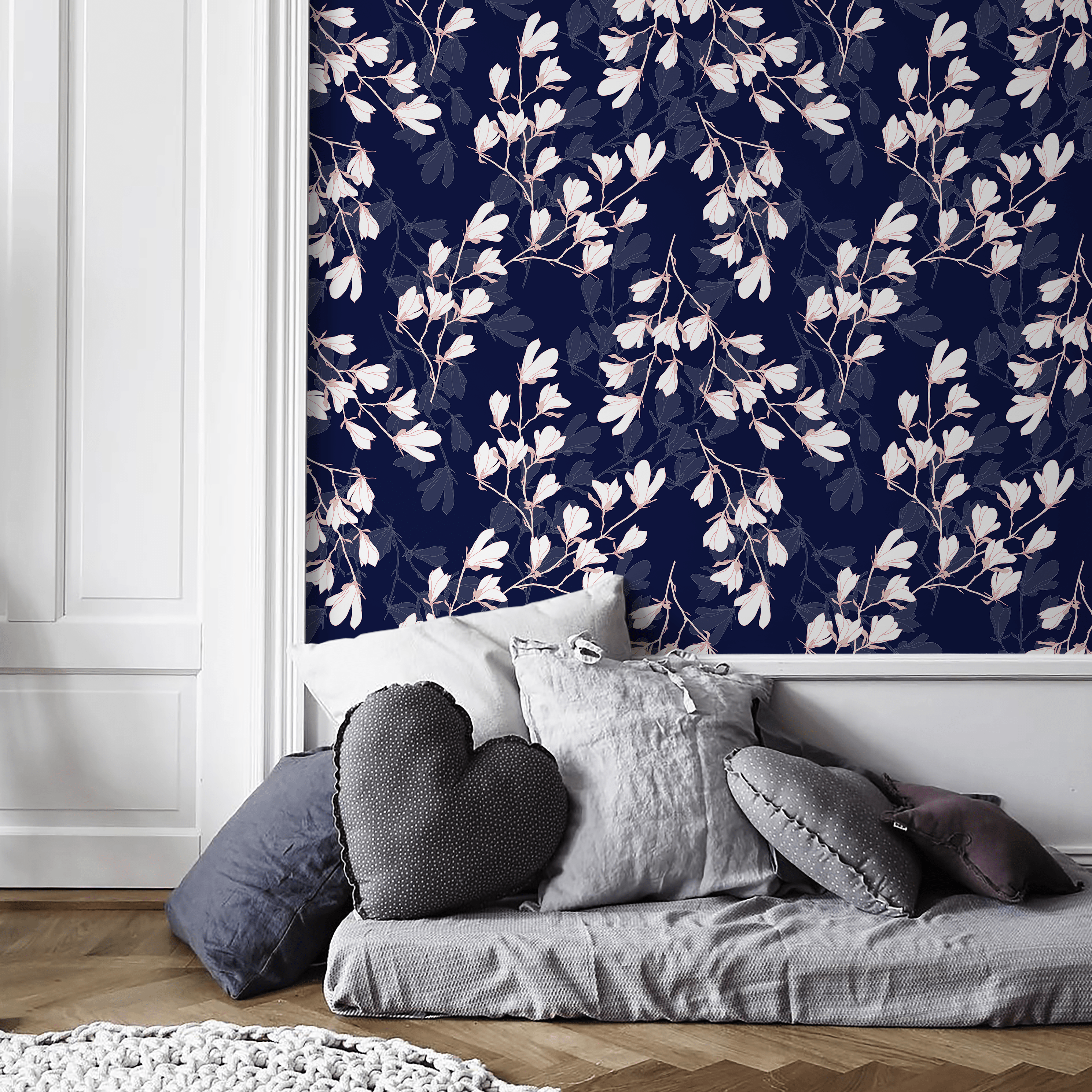 Floral Wallpaper With Magnolia Blossoms In Navy Blue And White - B632