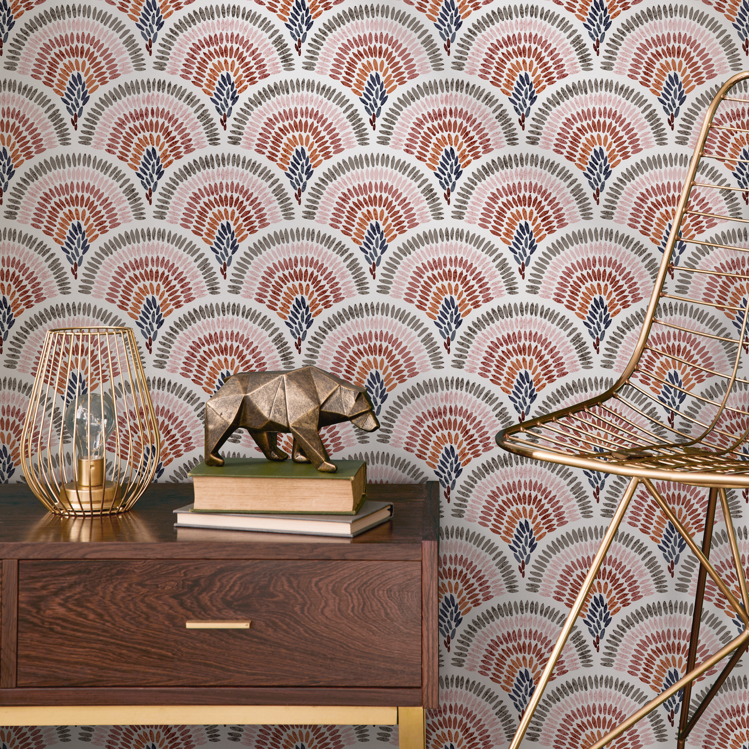 Art Deco Wallpaper With A Painted Scallop Motif In Pink, Terracotta, And Blue - B633