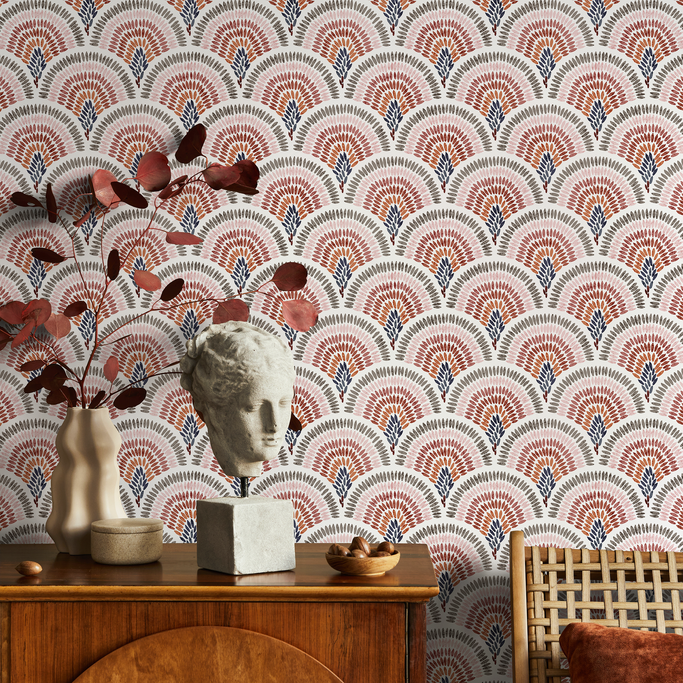 Art Deco Wallpaper With A Painted Scallop Motif In Pink, Terracotta, And Blue - B633