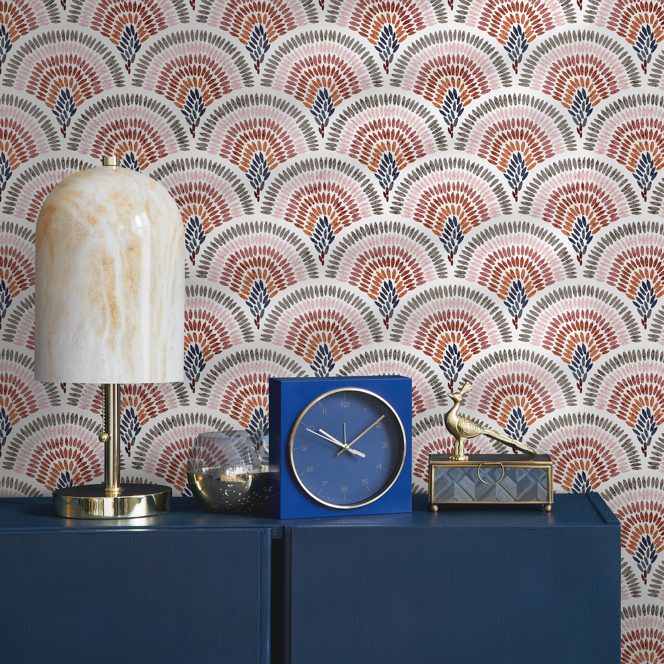Art Deco Wallpaper With A Painted Scallop Motif In Pink, Terracotta, And Blue - B633