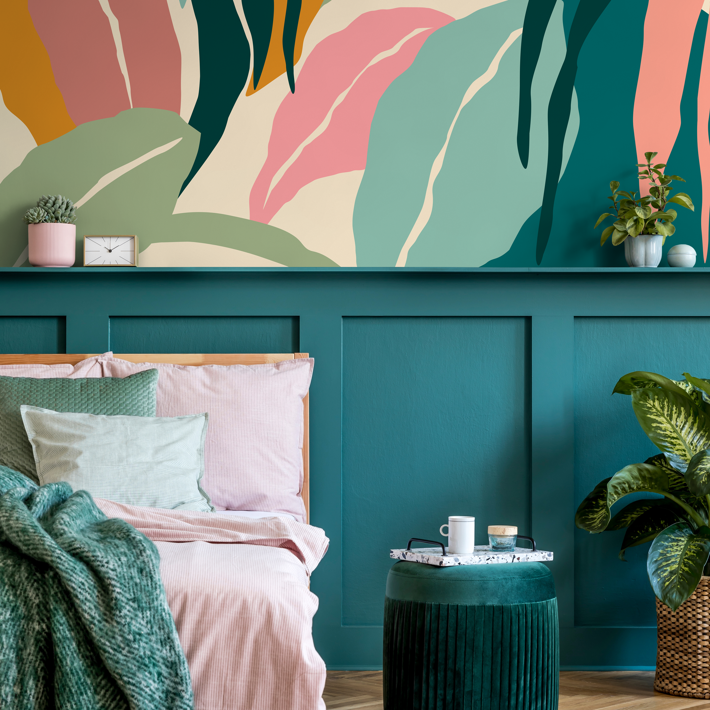 Botanical Wallpaper With An Abstract Tropical Leaf Motif In Teal, Pink, And Ochre - B634