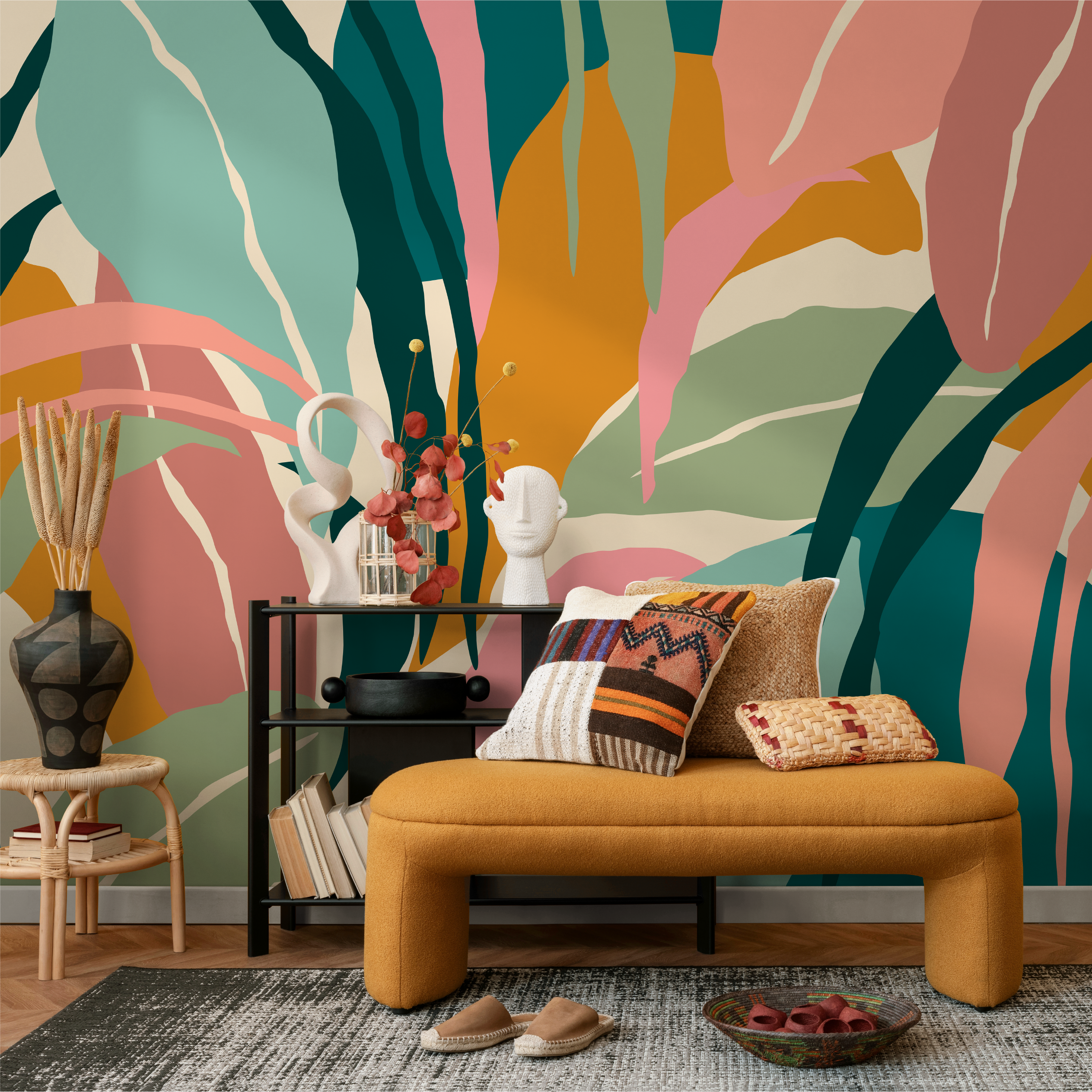 Botanical Wallpaper With An Abstract Tropical Leaf Motif In Teal, Pink, And Ochre - B634