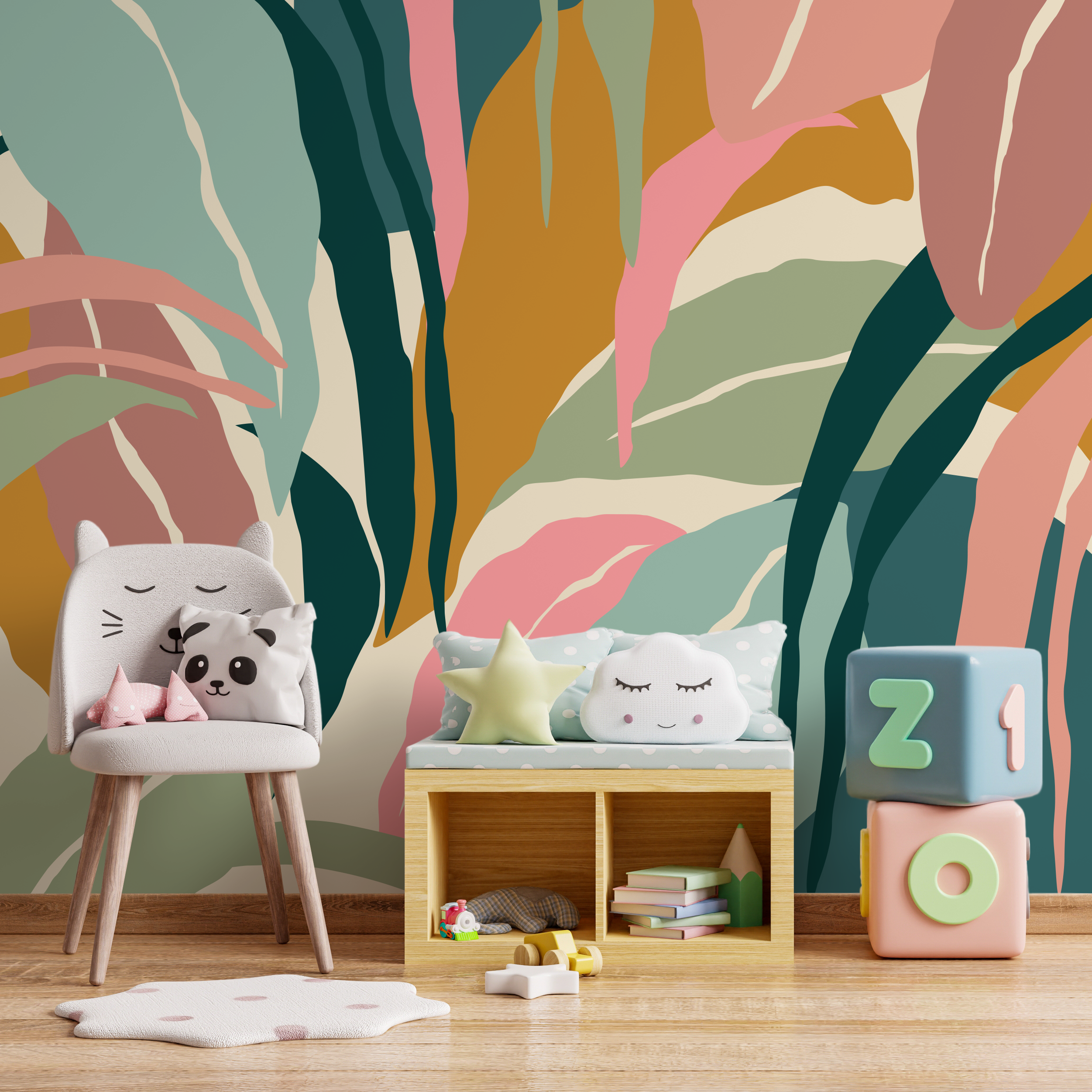 Botanical Wallpaper With An Abstract Tropical Leaf Motif In Teal, Pink, And Ochre - B634