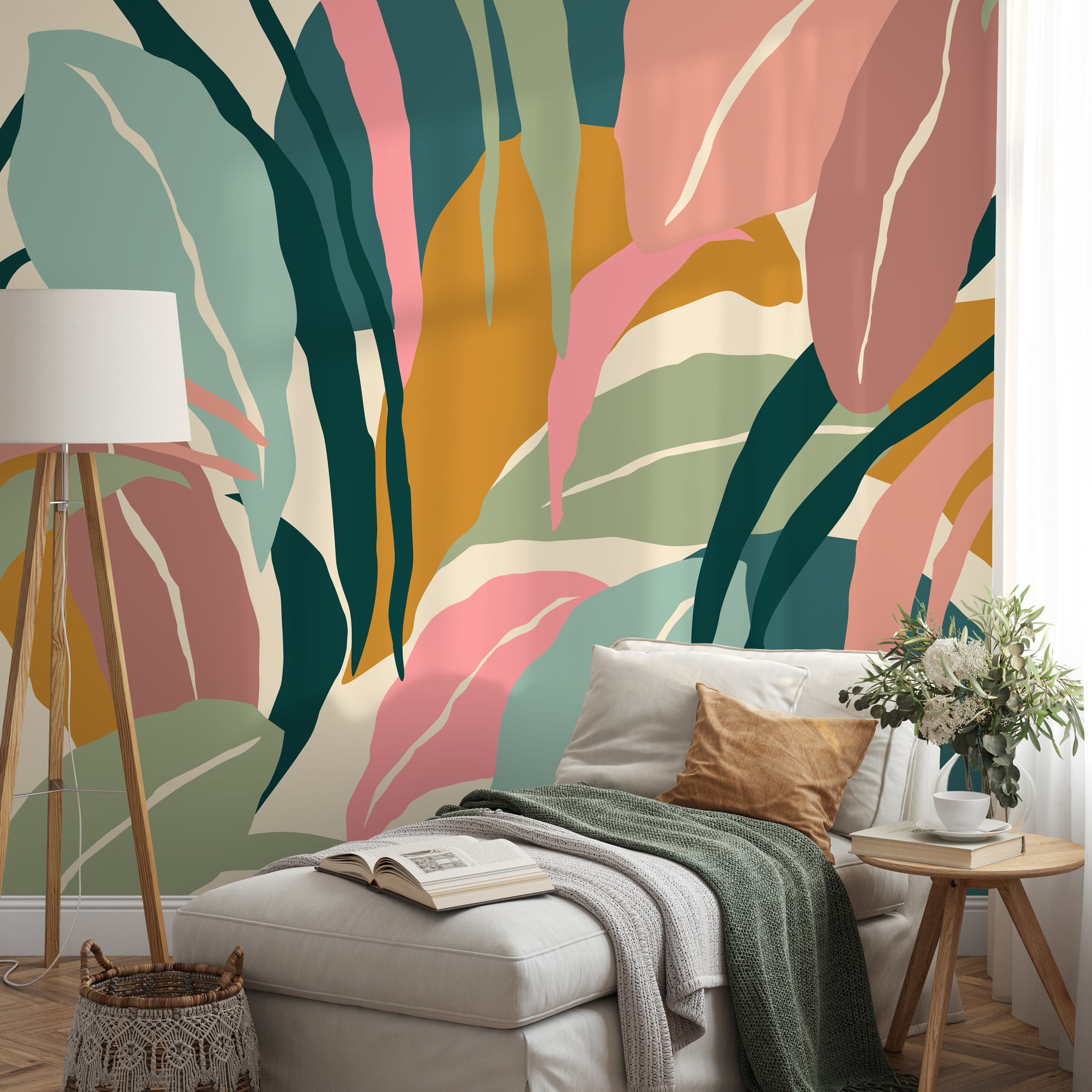 Botanical Wallpaper With An Abstract Tropical Leaf Motif In Teal, Pink, And Ochre - B634