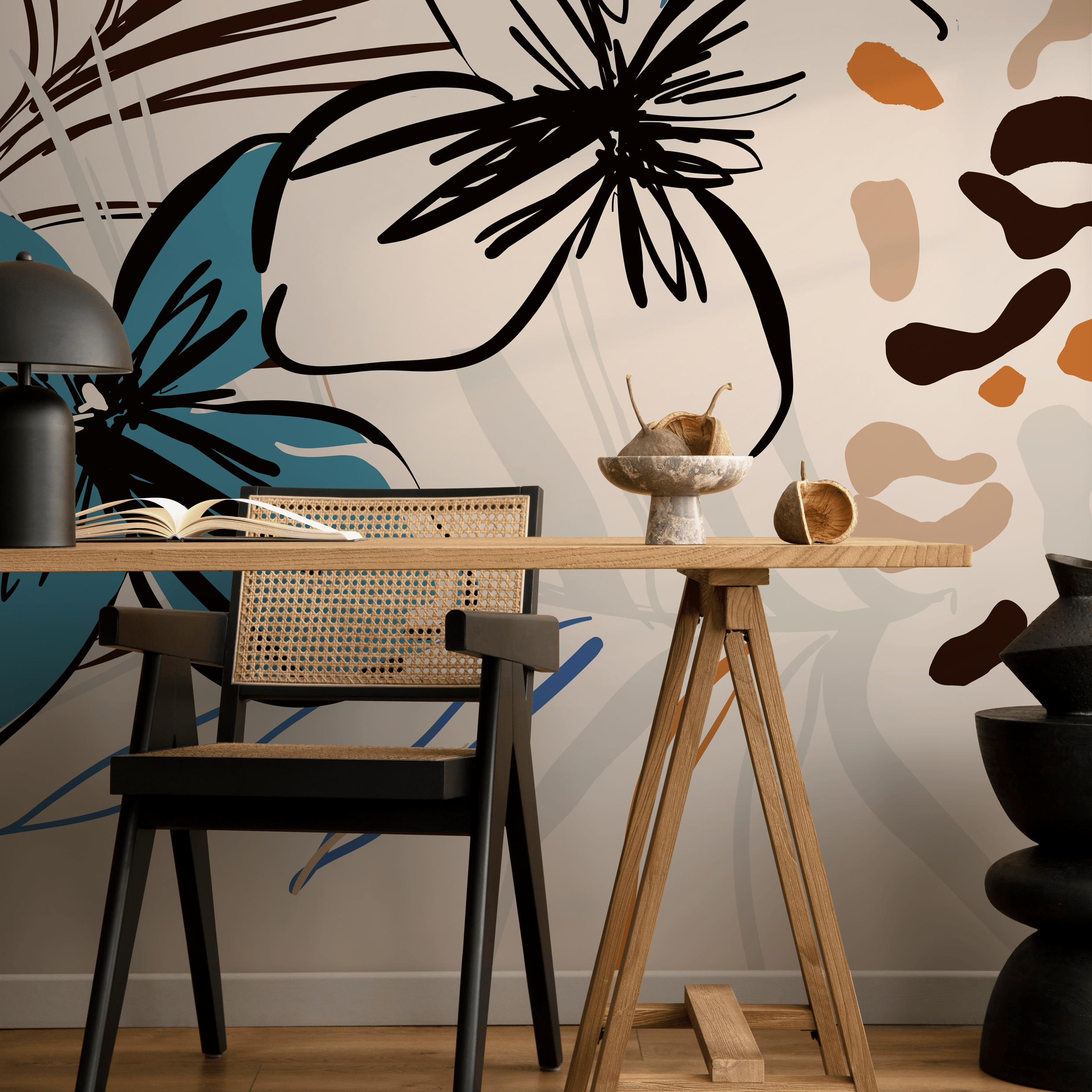 Abstract Floral Wallpaper Featuring Sketched Blooms In Blue, Black, And Brown - B636