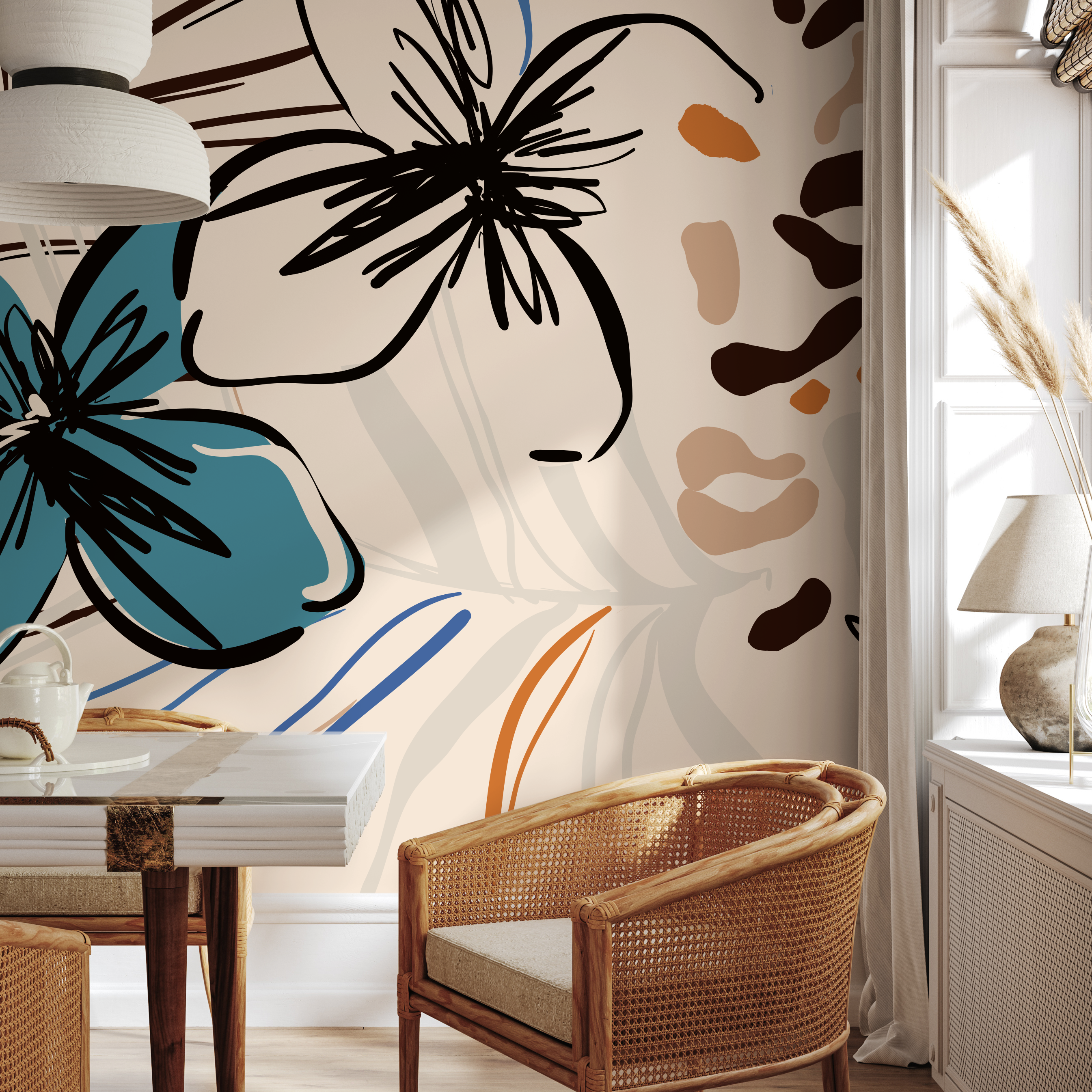 Abstract Floral Wallpaper Featuring Sketched Blooms In Blue, Black, And Brown - B636