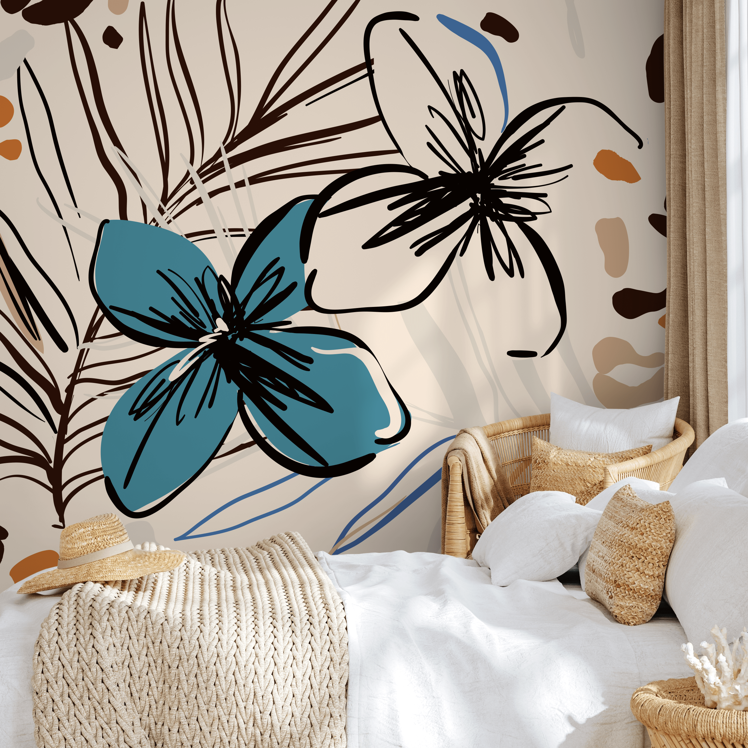 Abstract Floral Wallpaper Featuring Sketched Blooms In Blue, Black, And Brown - B636
