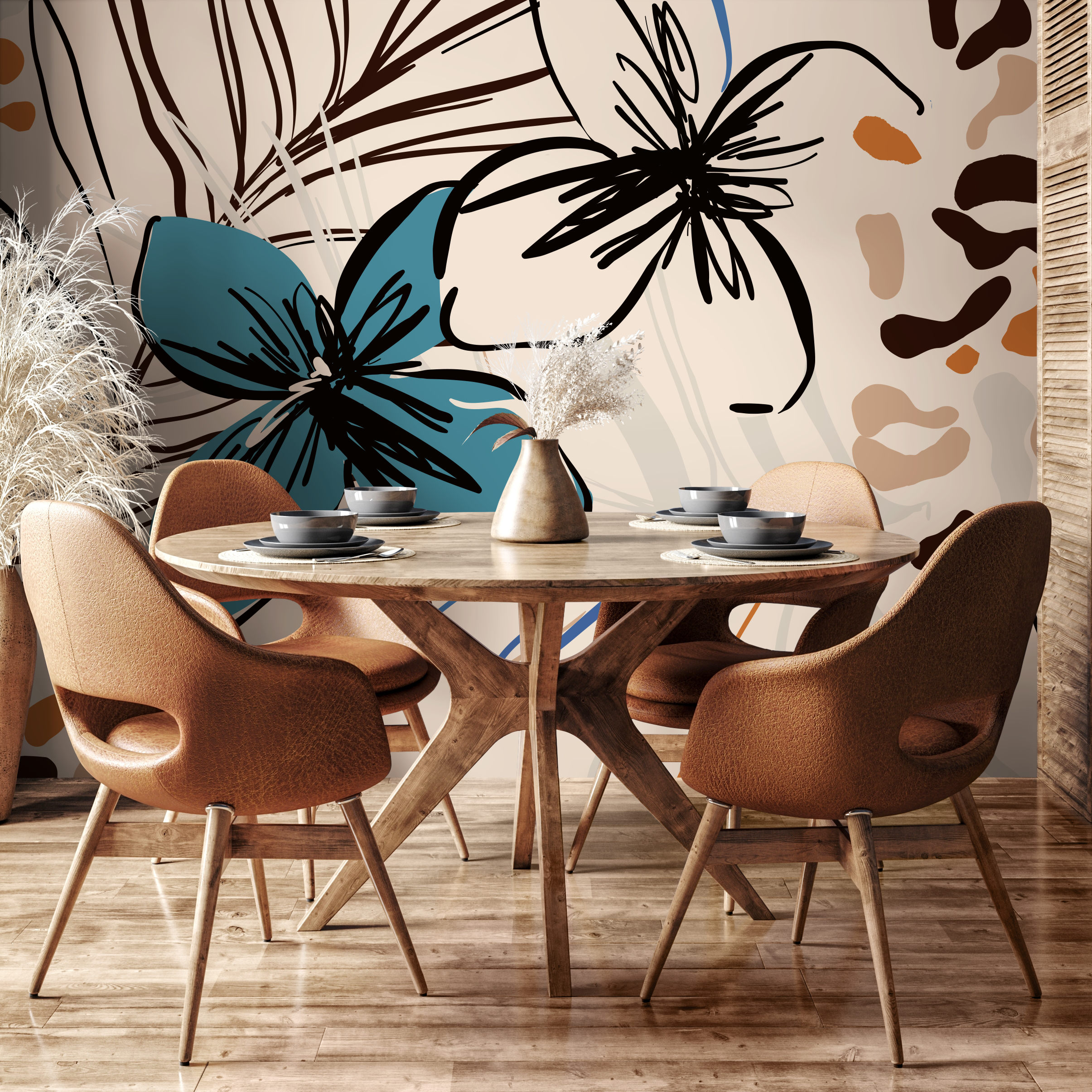 Abstract Floral Wallpaper Featuring Sketched Blooms In Blue, Black, And Brown - B636