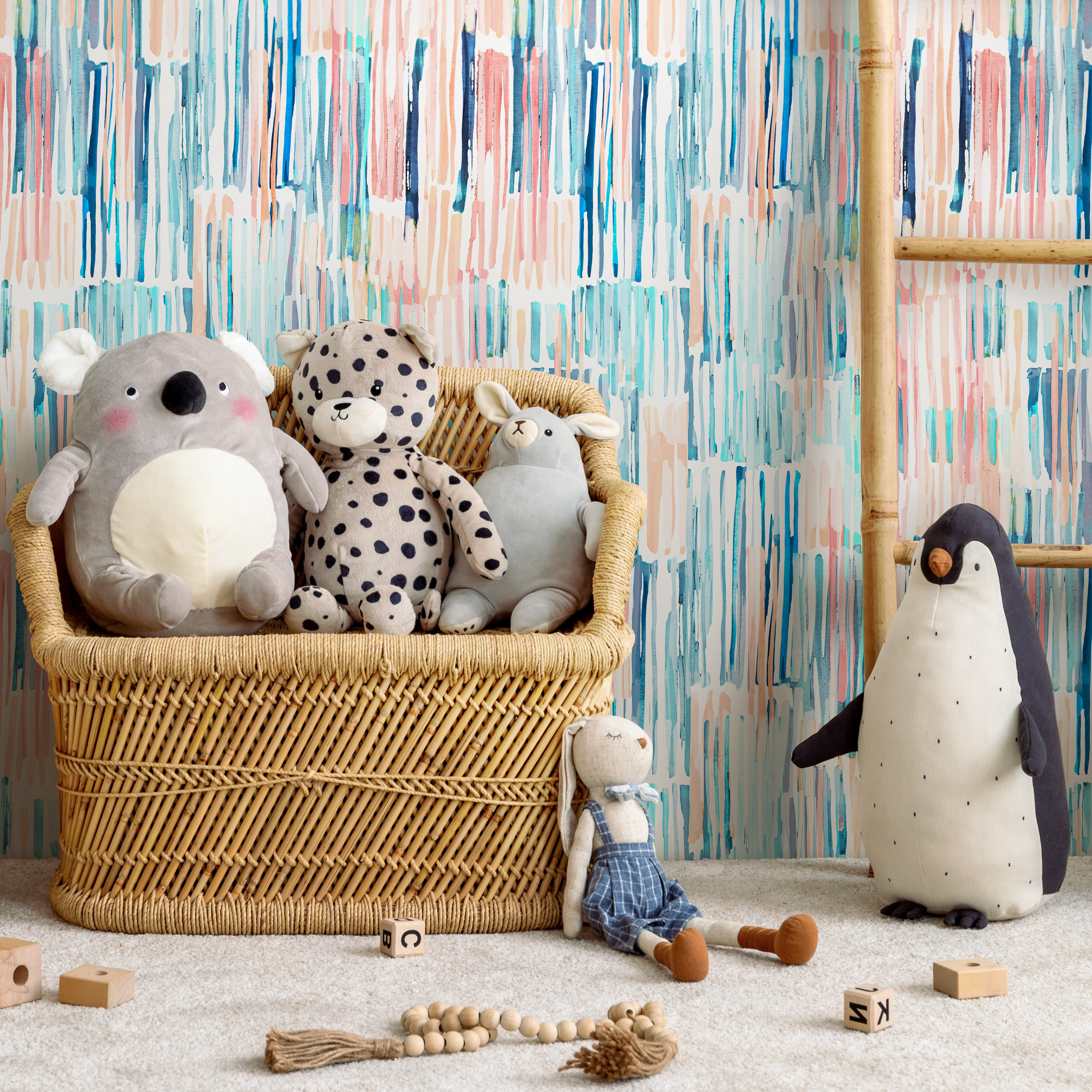 Abstract Wallpaper With Painterly Brushstrokes In Blue, Pink, And Peach - B638