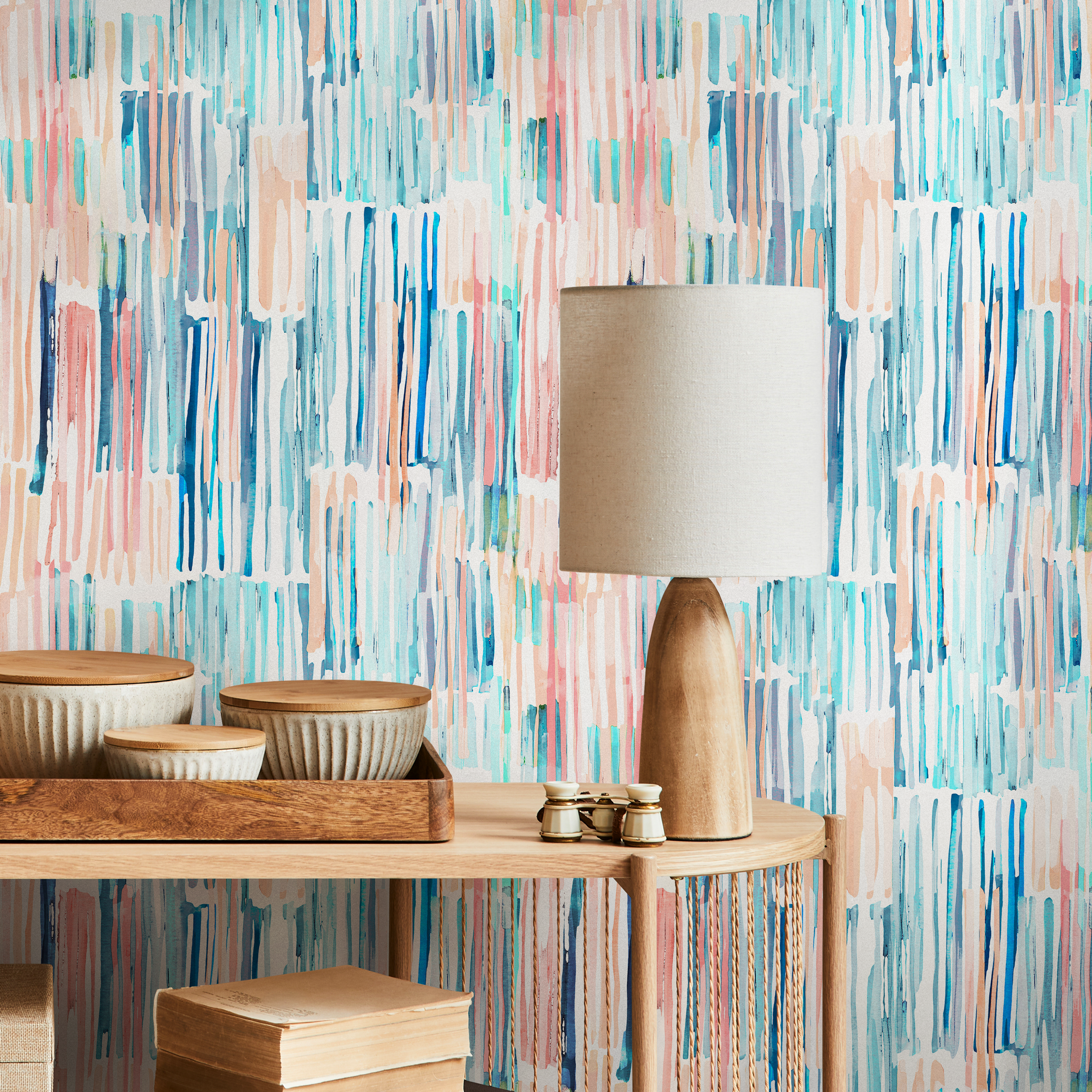 Abstract Wallpaper With Painterly Brushstrokes In Blue, Pink, And Peach - B638