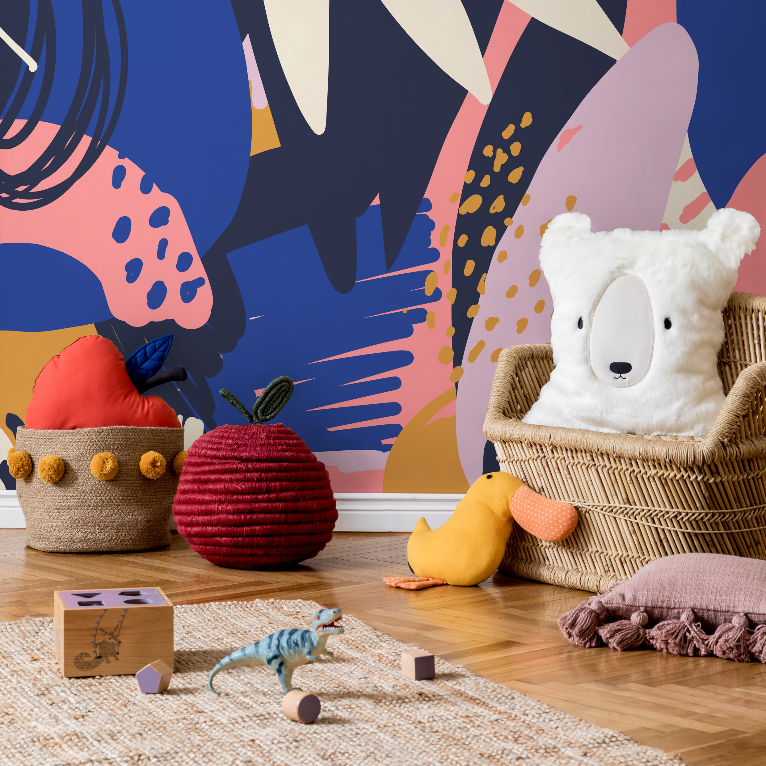 Abstract Wallpaper With Bold Organic Forms In Navy, Pink, And Mustard - B639