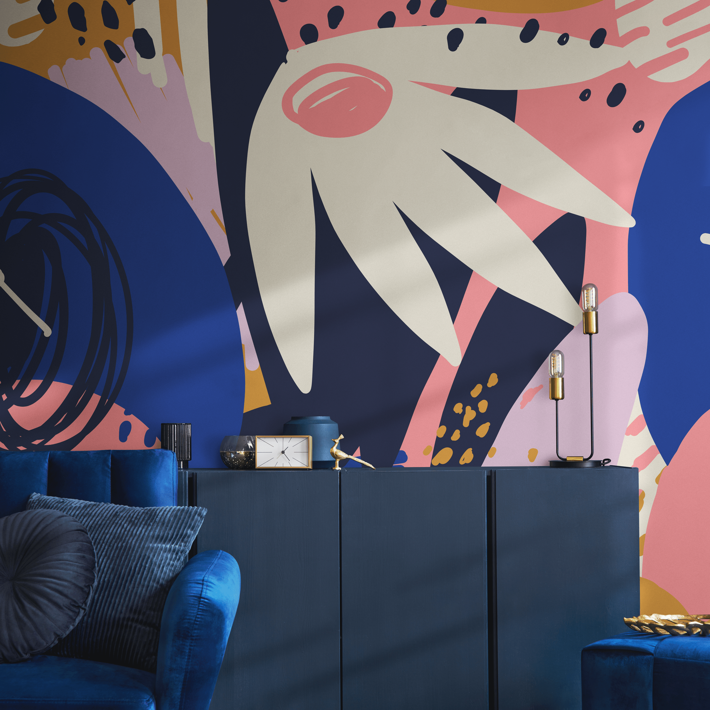 Abstract Wallpaper With Bold Organic Forms In Navy, Pink, And Mustard - B639