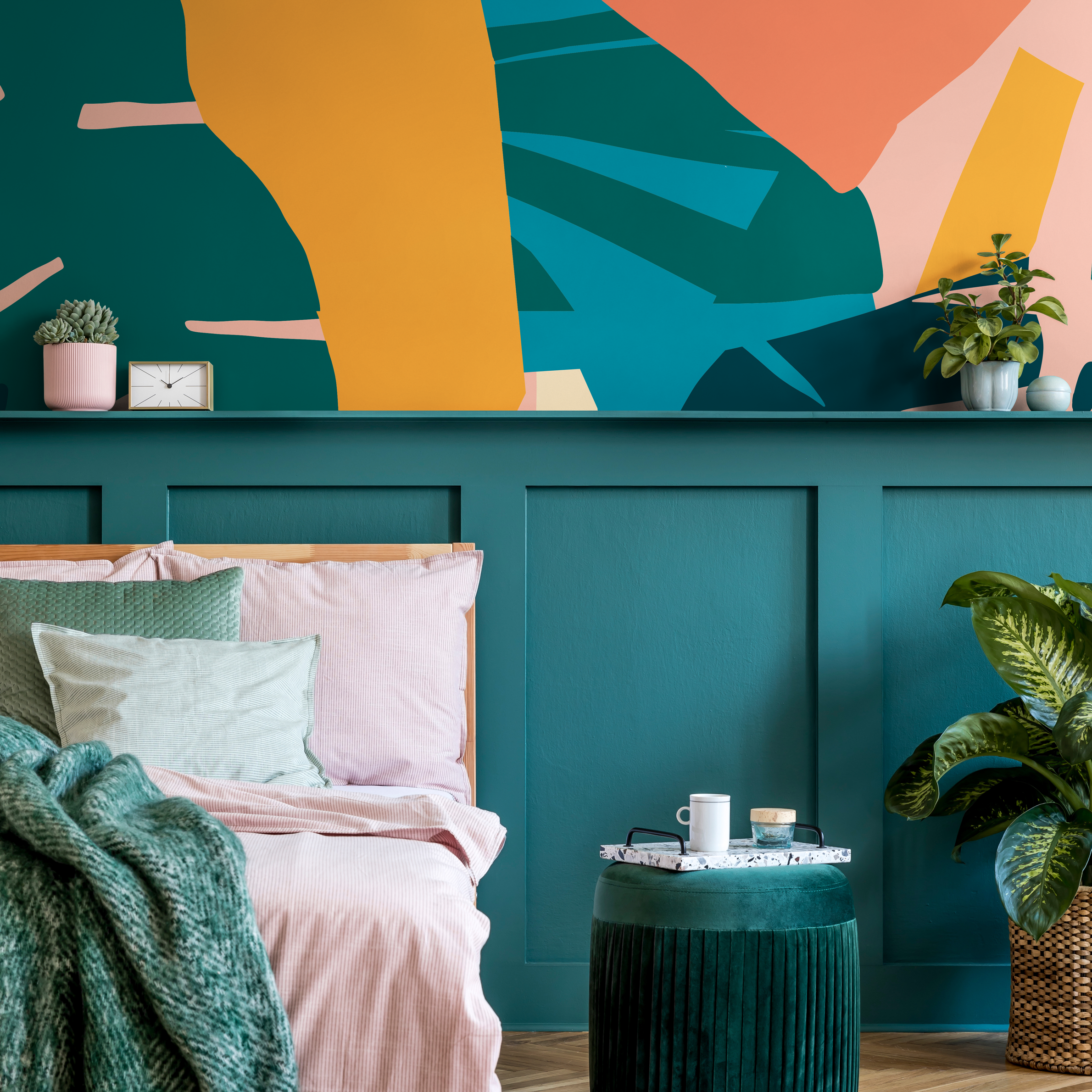 Abstract Wallpaper With Colorful Cut-out Shapes In Teal, Yellow, And Orange - B640