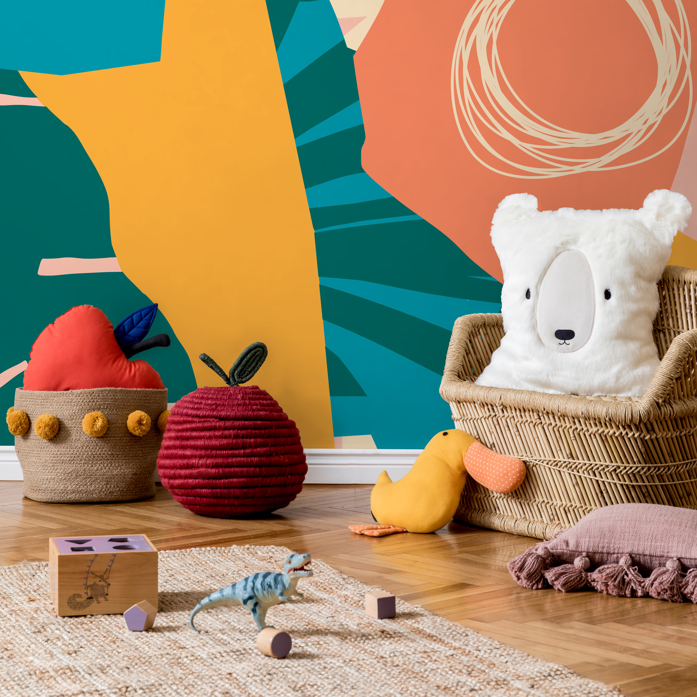 Abstract Wallpaper With Colorful Cut-out Shapes In Teal, Yellow, And Orange - B640