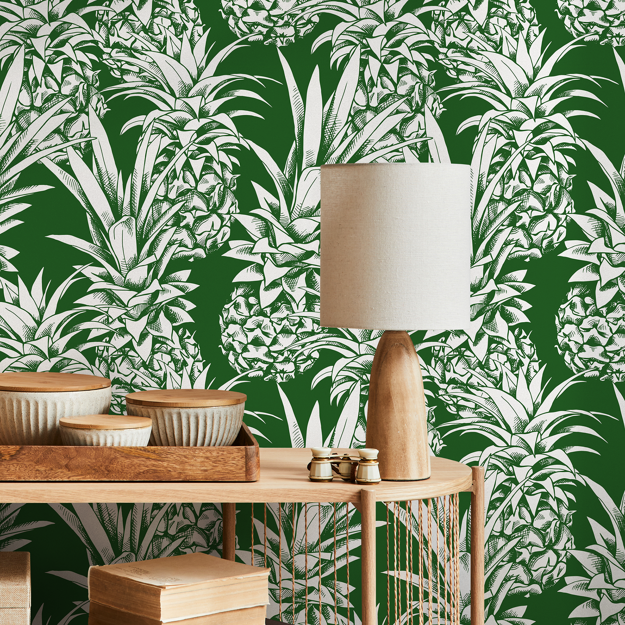 Botanical Wallpaper Featuring A Bold Pineapple Motif In Green And White - B643