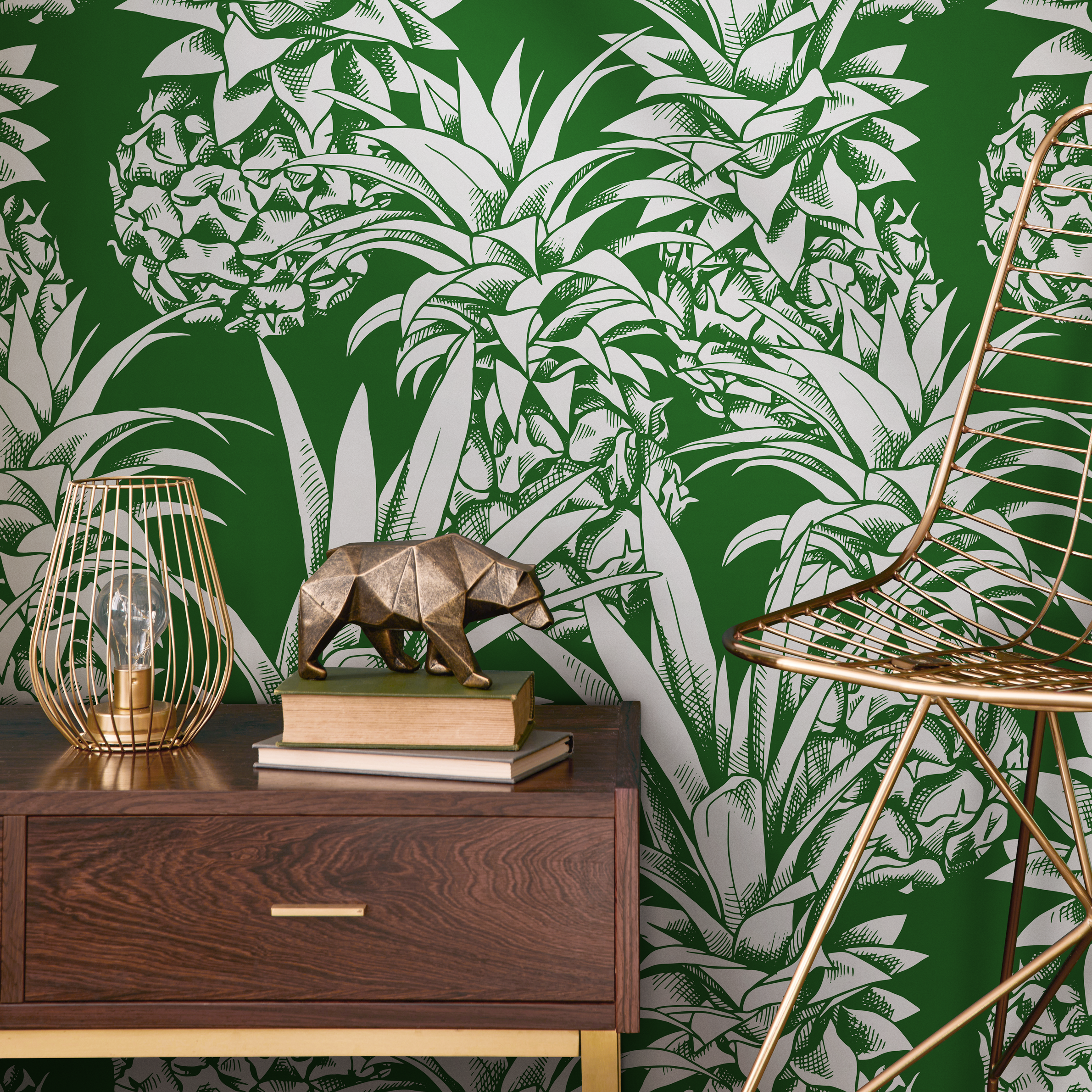 Botanical Wallpaper Featuring A Bold Pineapple Motif In Green And White - B643