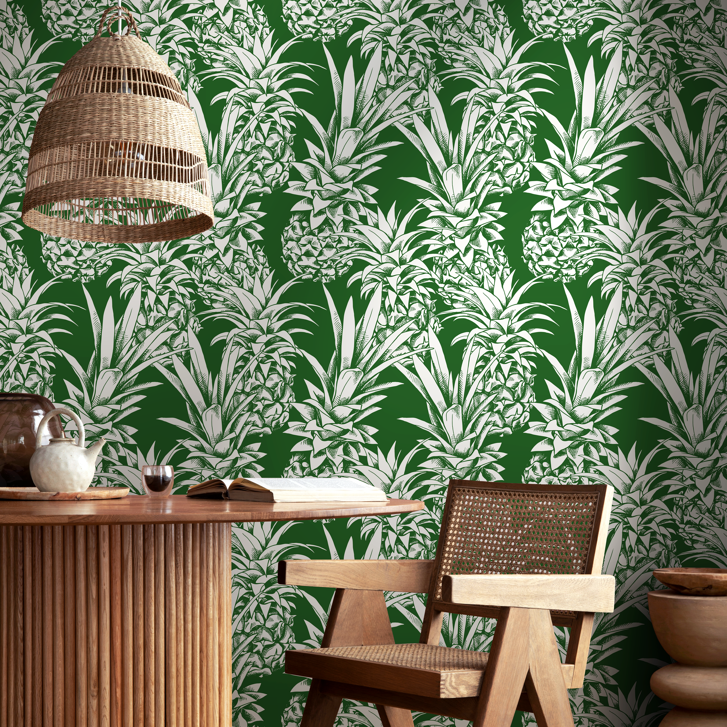 Botanical Wallpaper Featuring A Bold Pineapple Motif In Green And White - B643