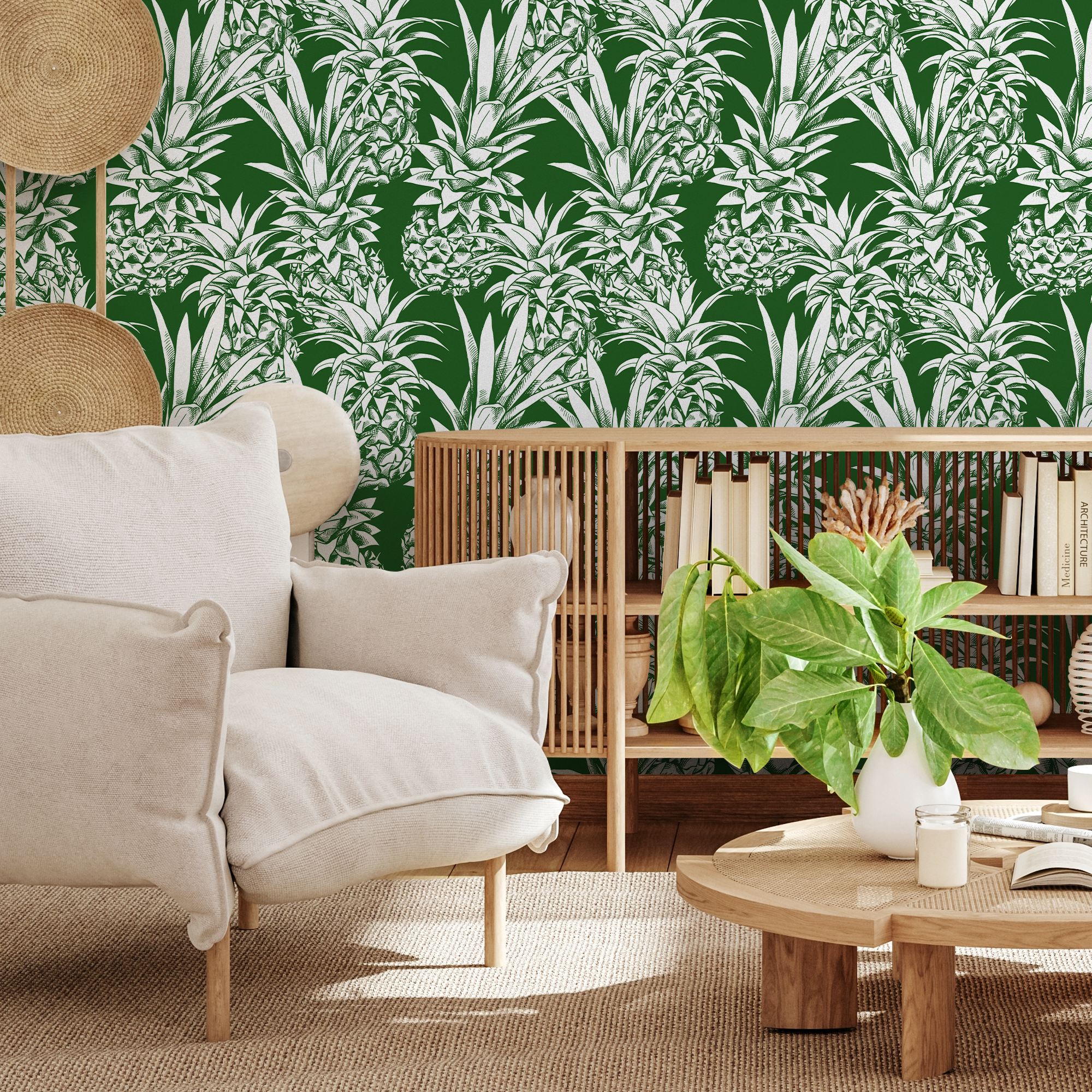 Botanical Wallpaper Featuring A Bold Pineapple Motif In Green And White - B643